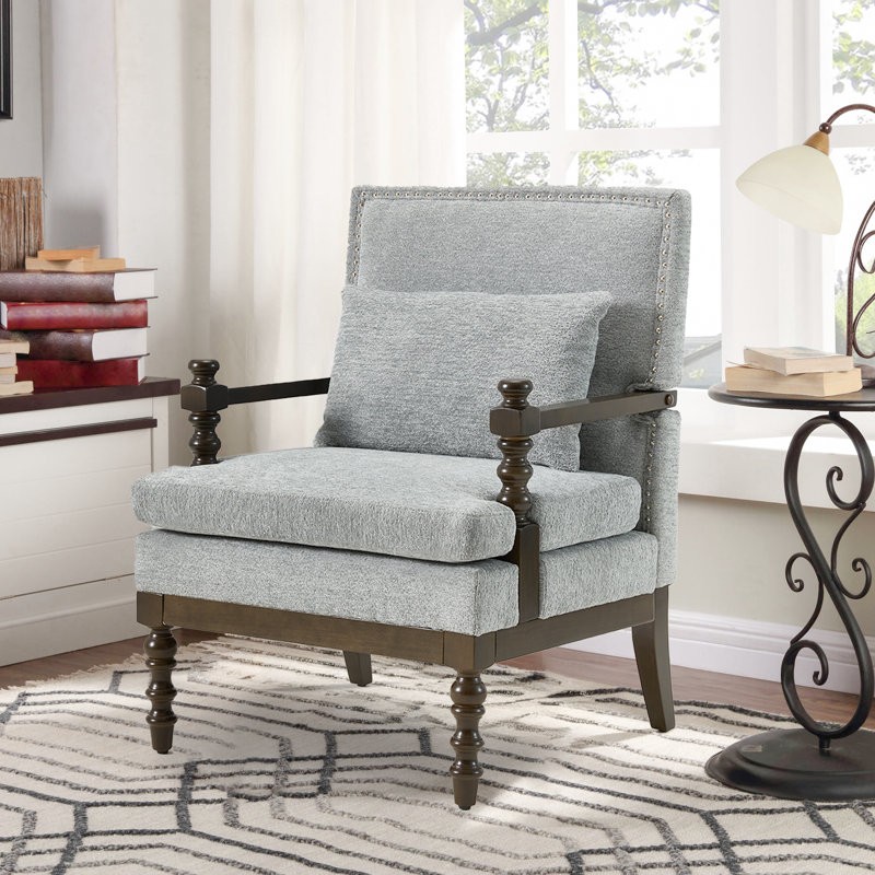 28" Wide Spindle Leg Accent Chair With Extra Lumbar Pillow And Solid Wood Legs