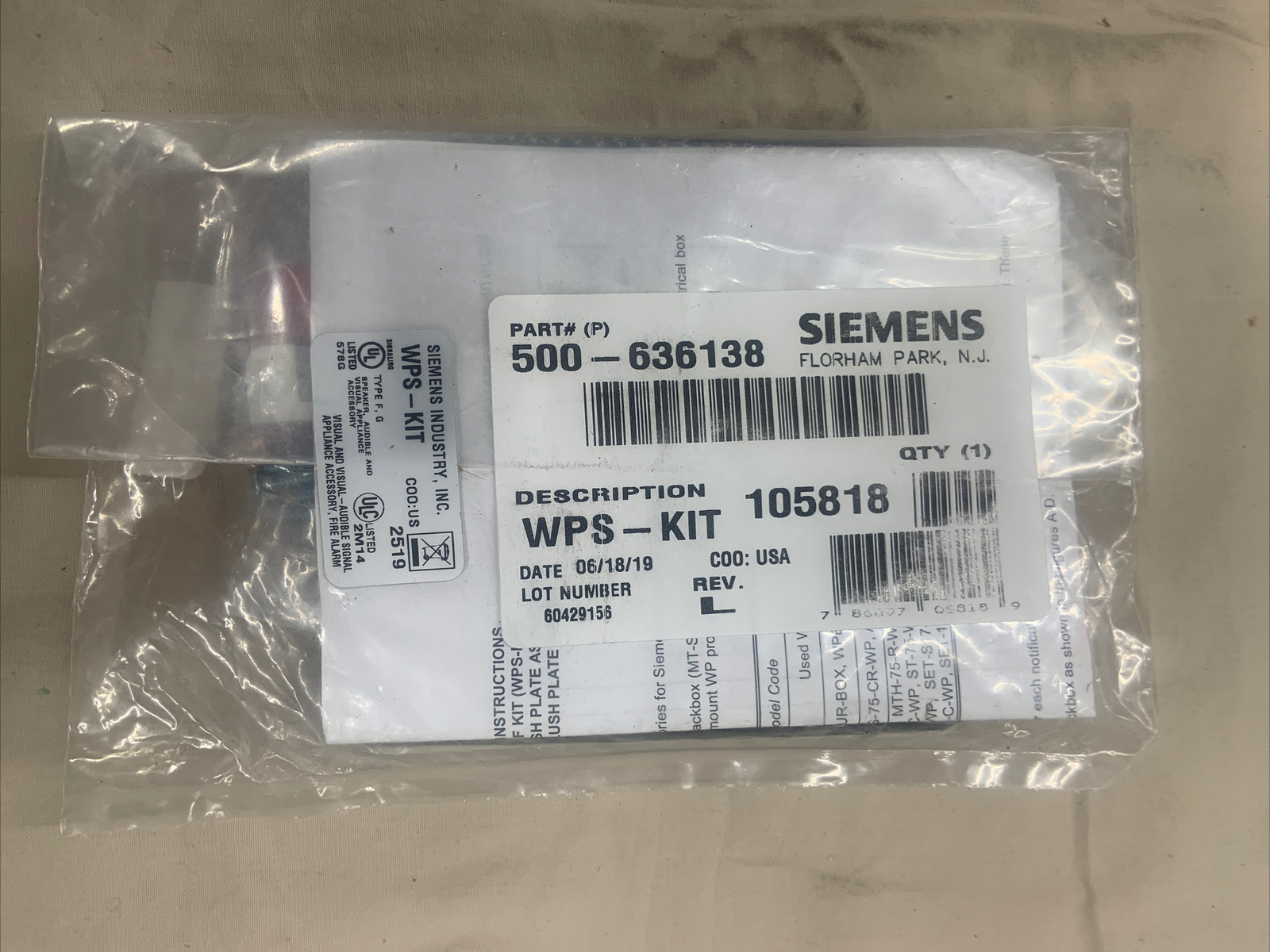 SIEMENS 500-636138 WPS-KIT SURFACE MOUNTING WEATHERPROOF ACCCESSORY KIT