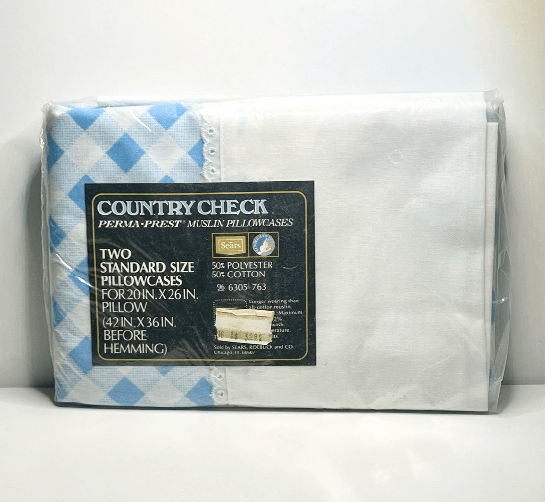 VTG Sears Country Check (2) Pillow Cases Blue Gingham Perma-Prest Muslin NOS