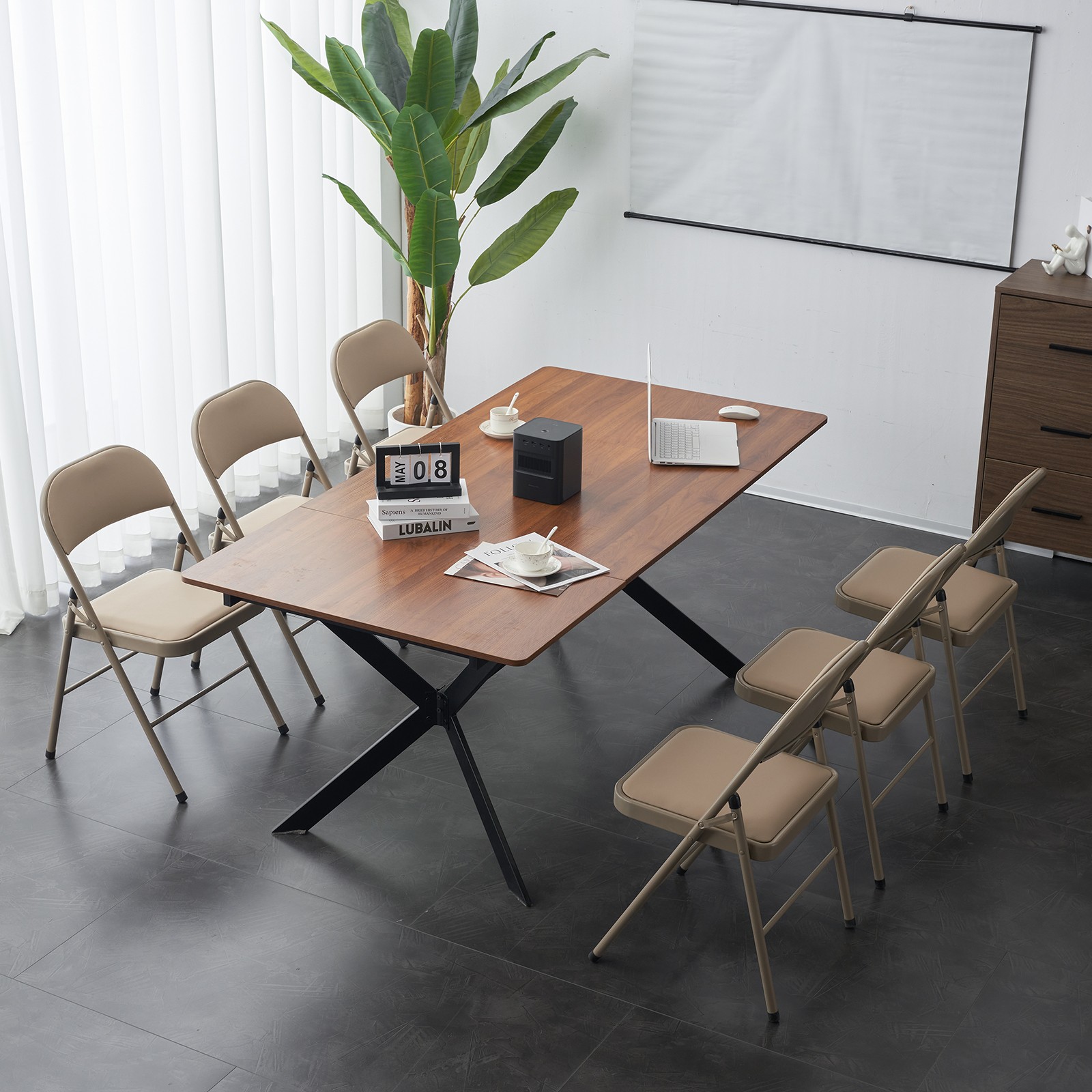 4pcs Elegant Foldable Iron & PVC Chairs for Convention & Exhibition Light Brown