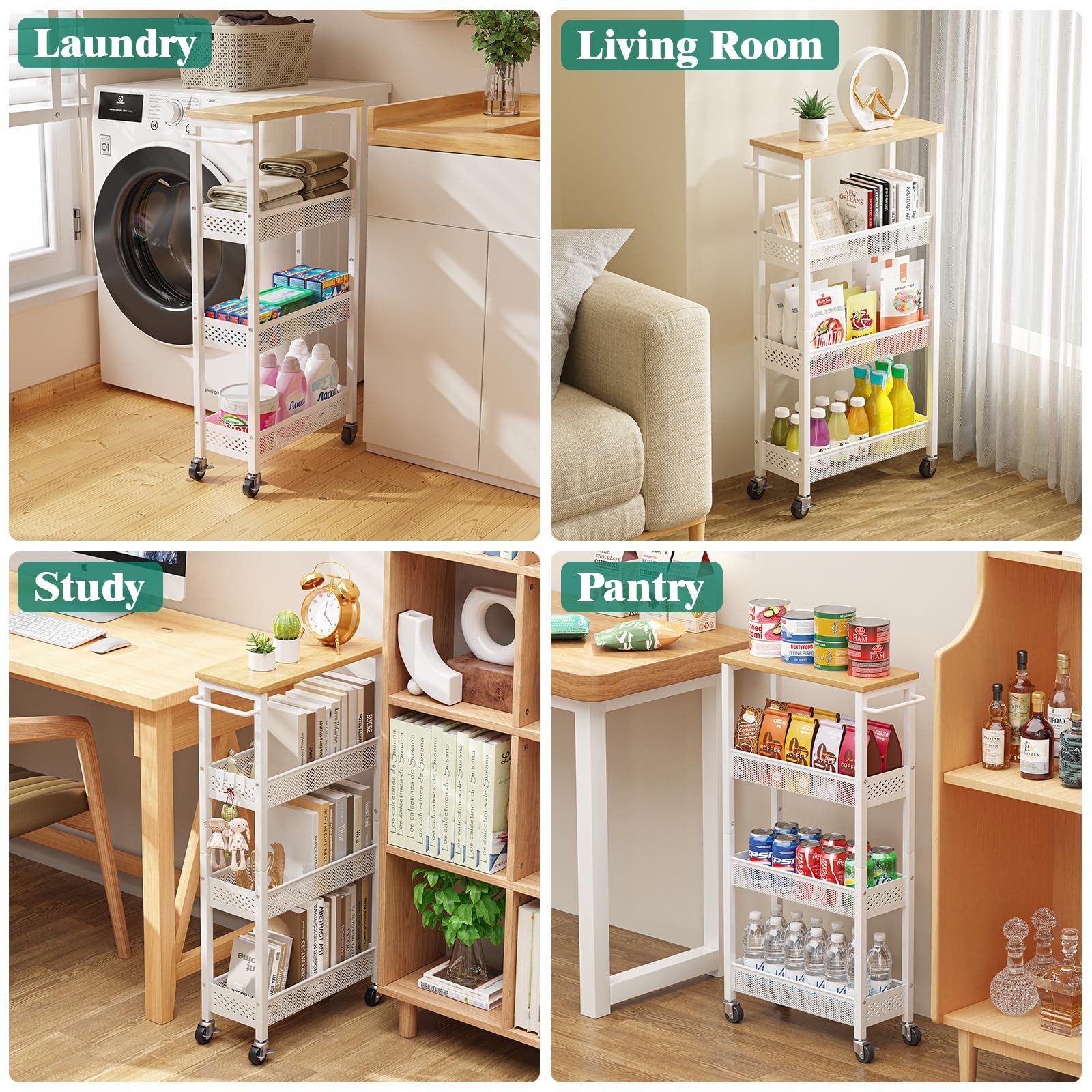 Slim Rolling Storage Cart 4 Tier Bathroom Organizer Mobile Shelving Unit Util...
