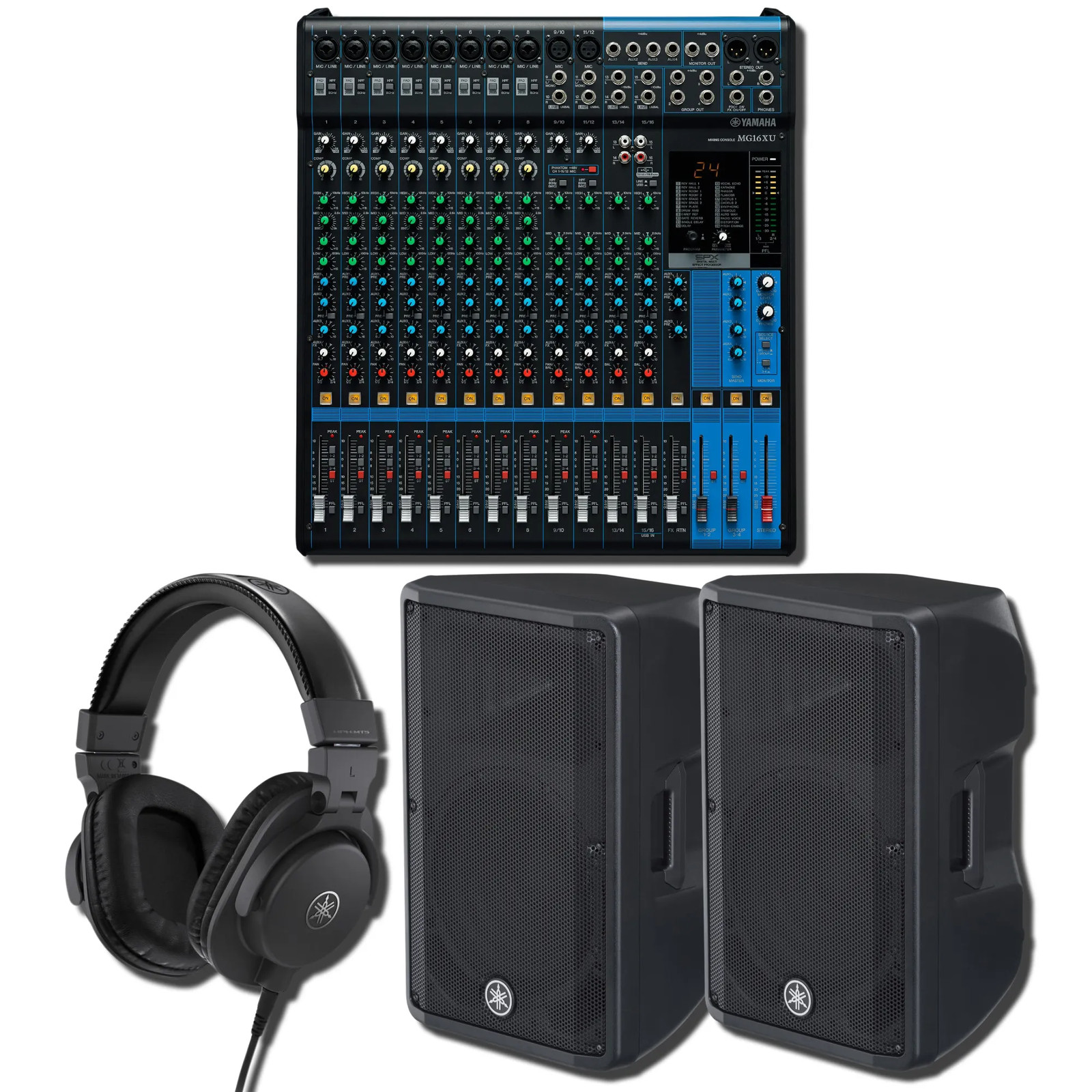 Yamaha MG16XU 16-Ch USB Mixer w/ 2x DBR12 1000W Speakers & HPH-MT5 Headphones