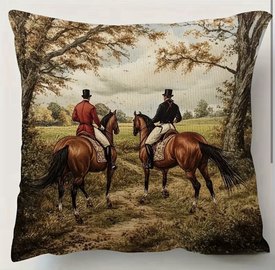 Equestrian Throw Pillow Cover 18” X 18” Fox Hunting Design On Both Sides