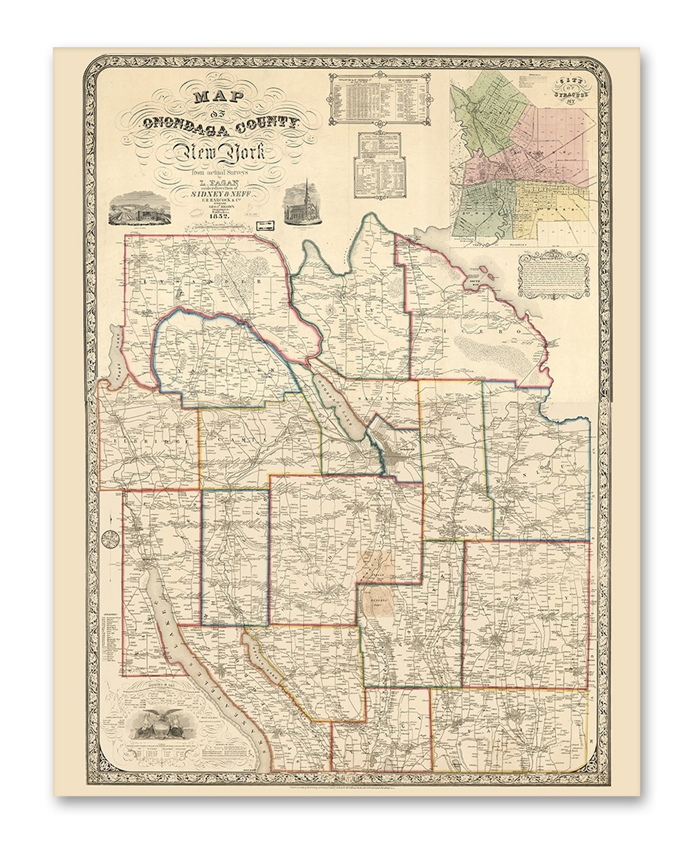 Onondaga County New York 1852 Vintage Map Historic Central NY Cartography
