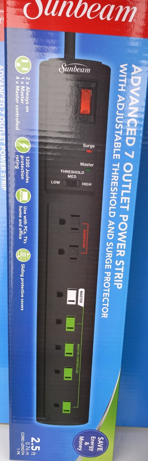Sunbeam 7 Outlet Power Strip With Surge Protector 2x Always on 4x Master Control