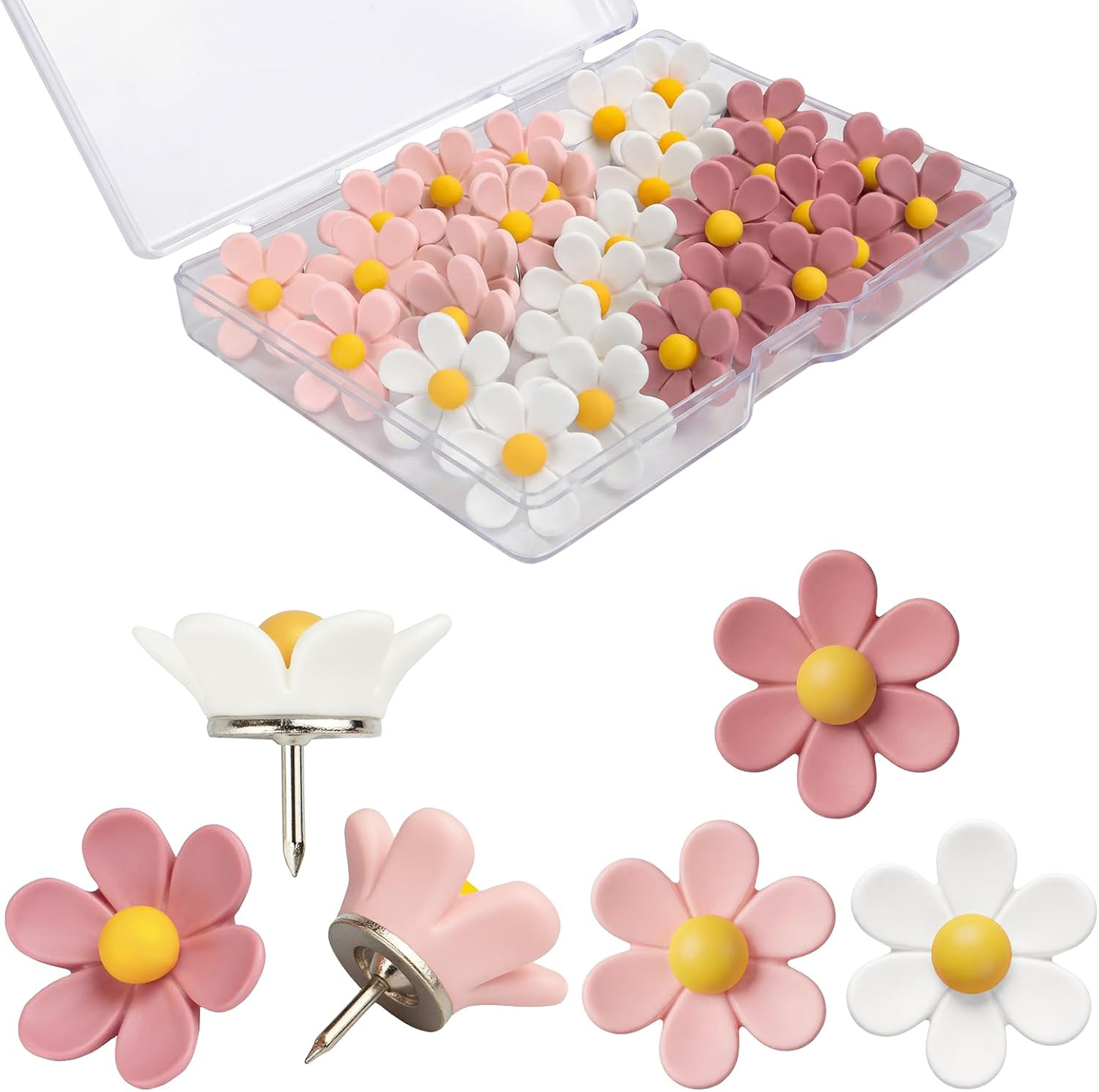 30 Pcs Flowers Push Pins Decorative Thumb Tacks in 3 Colors Cute Office Decor fo
