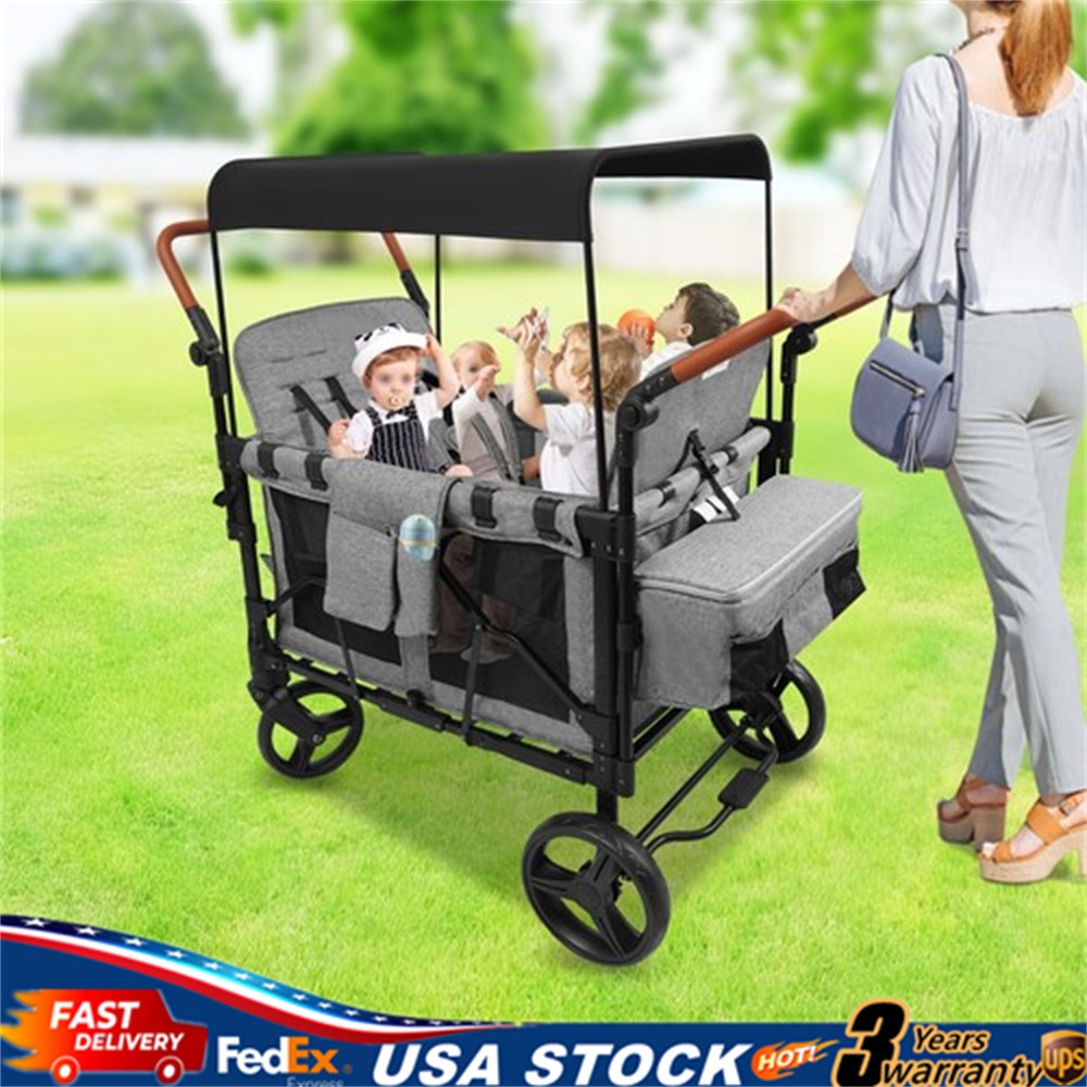 Folding Baby Stroller Wagon Cart For 4 Kids, Face To Face High Seat With Canopy