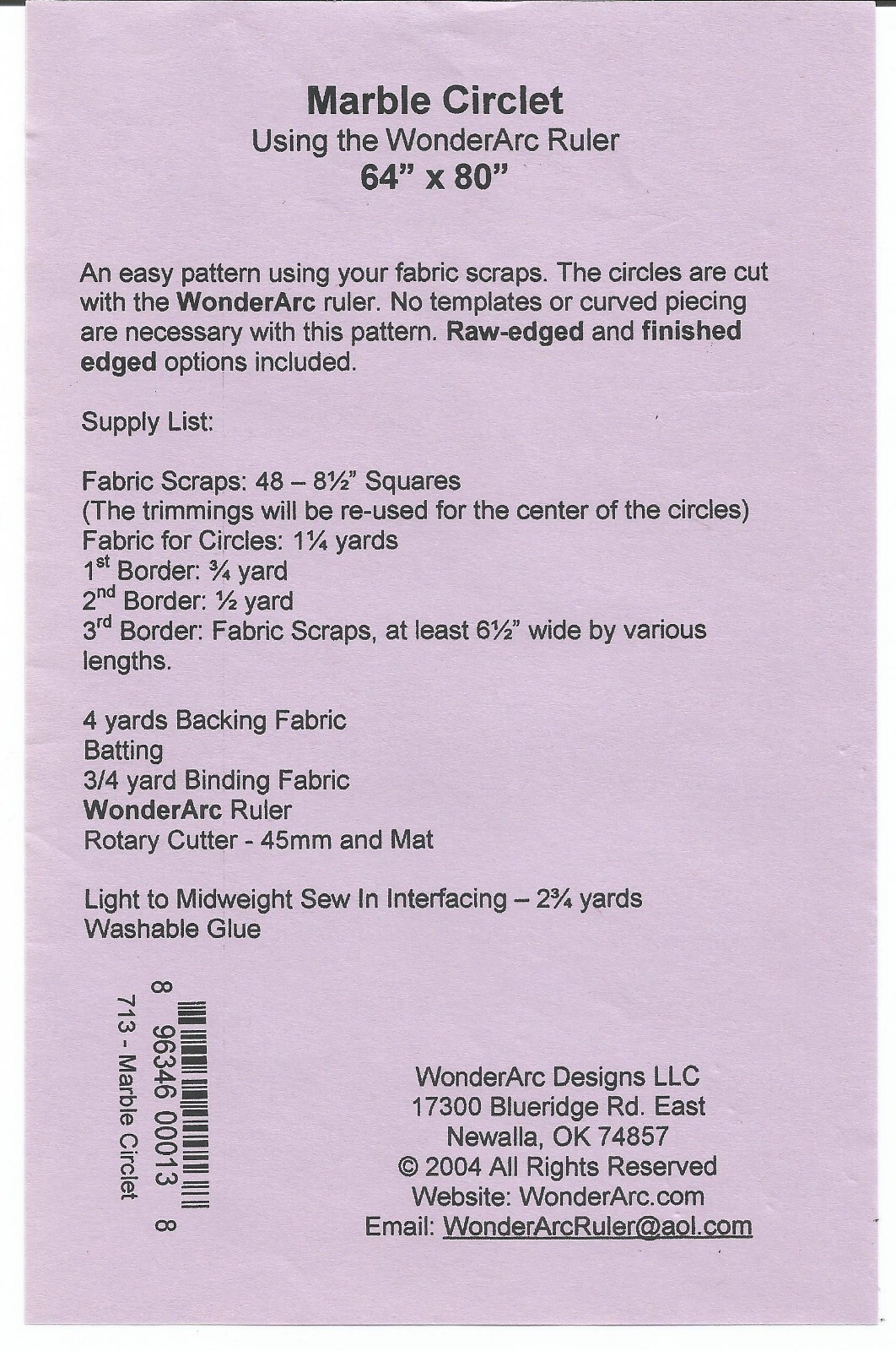 Quilt Pattern Marble Circlets 64" x 80" Wonder Arc Designs #713 Pattern