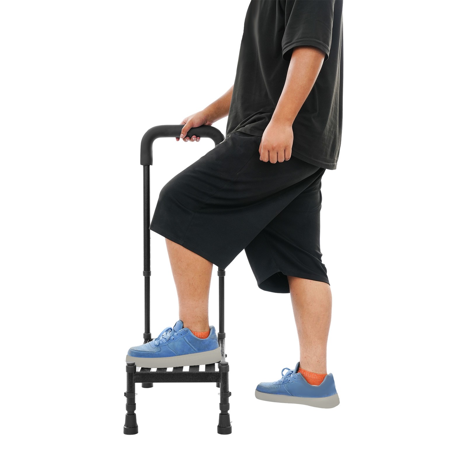 Black Floor Standing 1-Step Stool Adult Ramp with Handrail Metal Stepping Stool