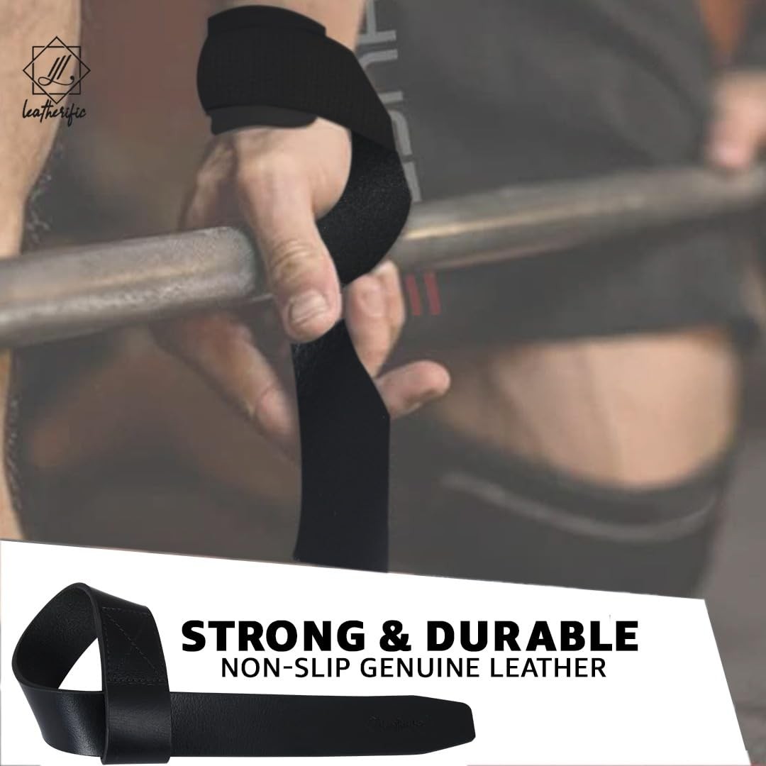 | Leather weight Lifting Wrist Straps | Set of 2, 20" Genuine Leather Grips f...