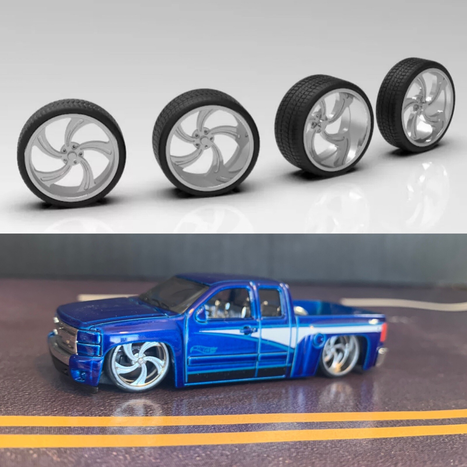 1:64 30” Outlaw Max Deep And Shallow wheels with tires. 3D Printed