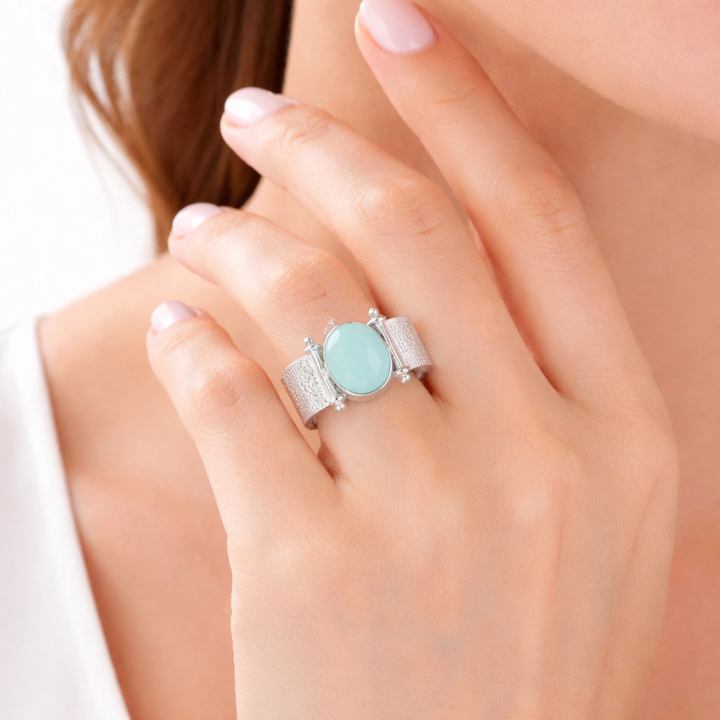 Ring For Her Aqua Chalcedony Natural Gemstone Ring 925 Sterling Silver Ring