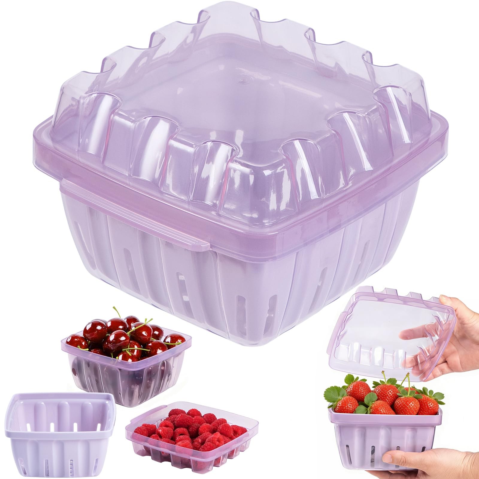 Berry Basket, 3-in-1 Berry Keeper Box, 1.1 Quart Vented Plastic Berry Contain...