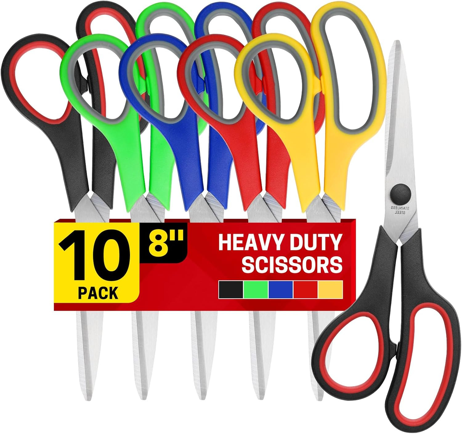 8" 10 Pack All Purpose Heavy Duty Scissors- Comfort-Grip Sharp Scissors for Offi