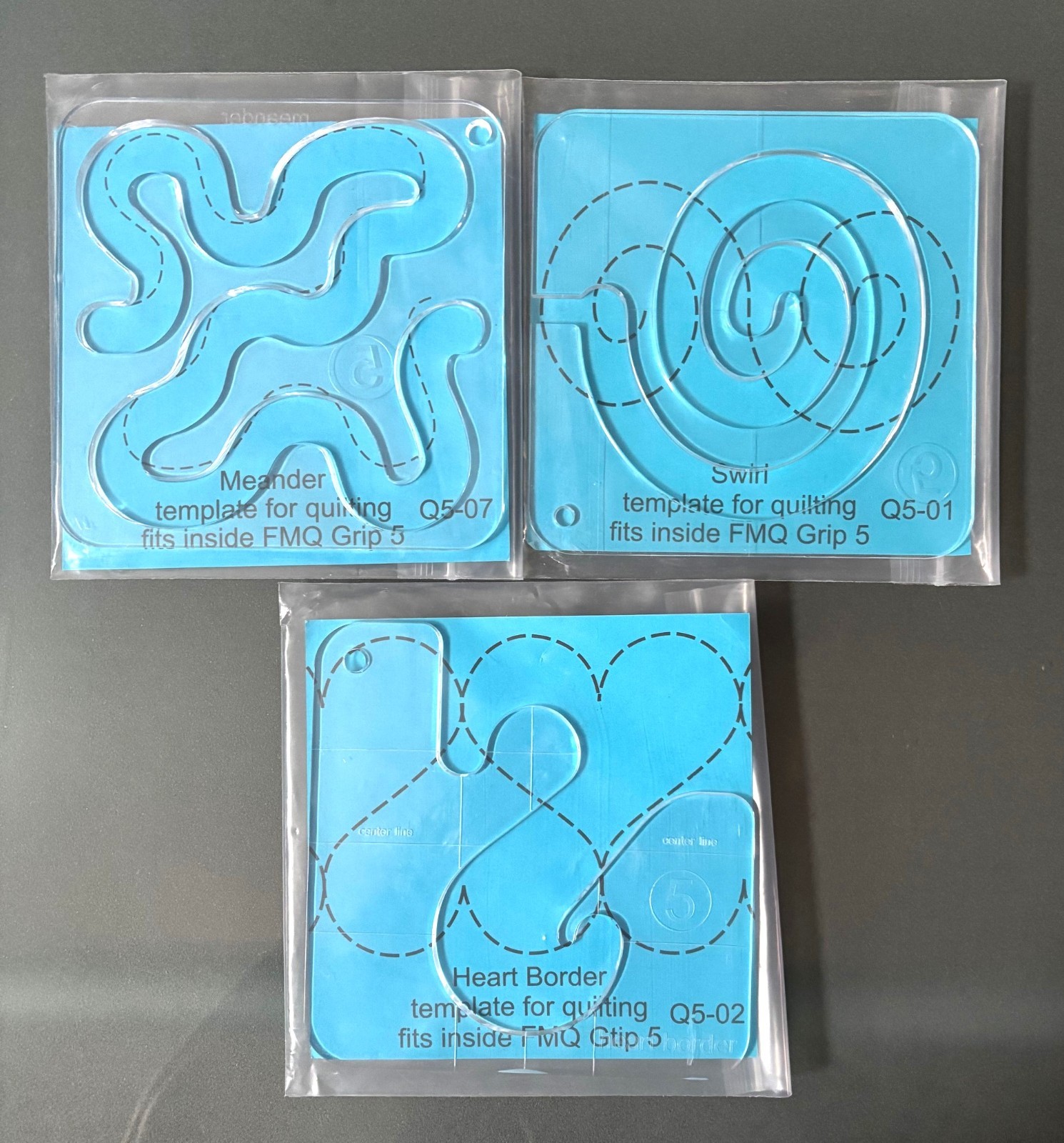 Template for Quilting Fits inside FMQ Grip 5 - Set of 3, Swirl, Meander, Heart