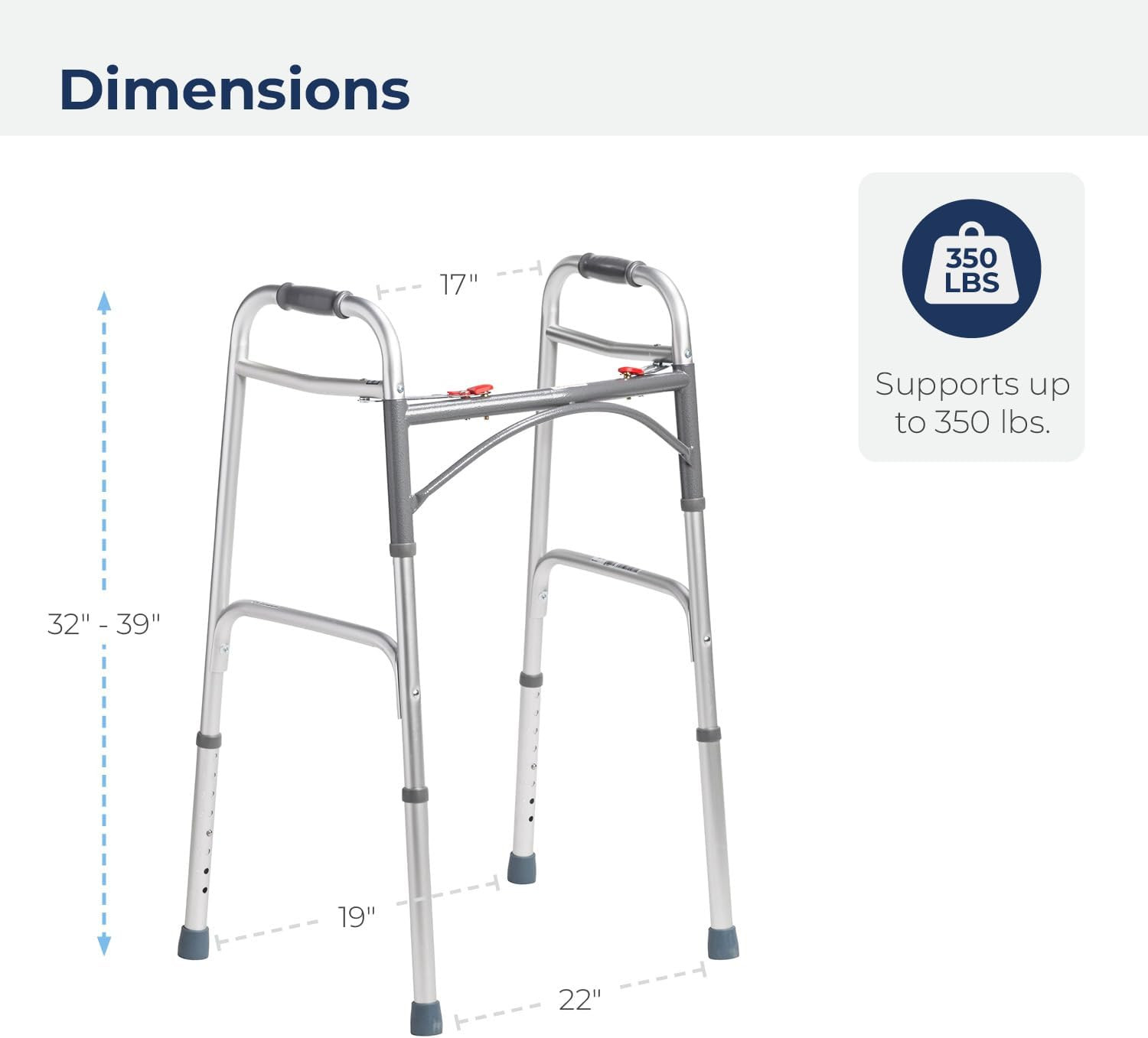 2-Button Standard Foldable Walker for Seniors & Adults - Adjustable Legs - Light
