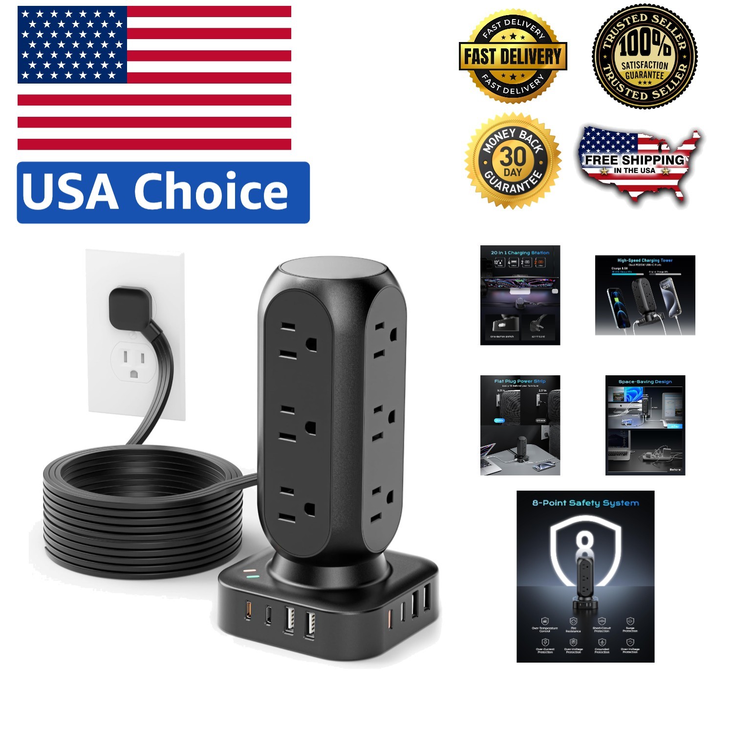 20-in-1 Dual PD 20W Power Strip Tower: 12 Outlets & 8 USB Ports for Fast Char...