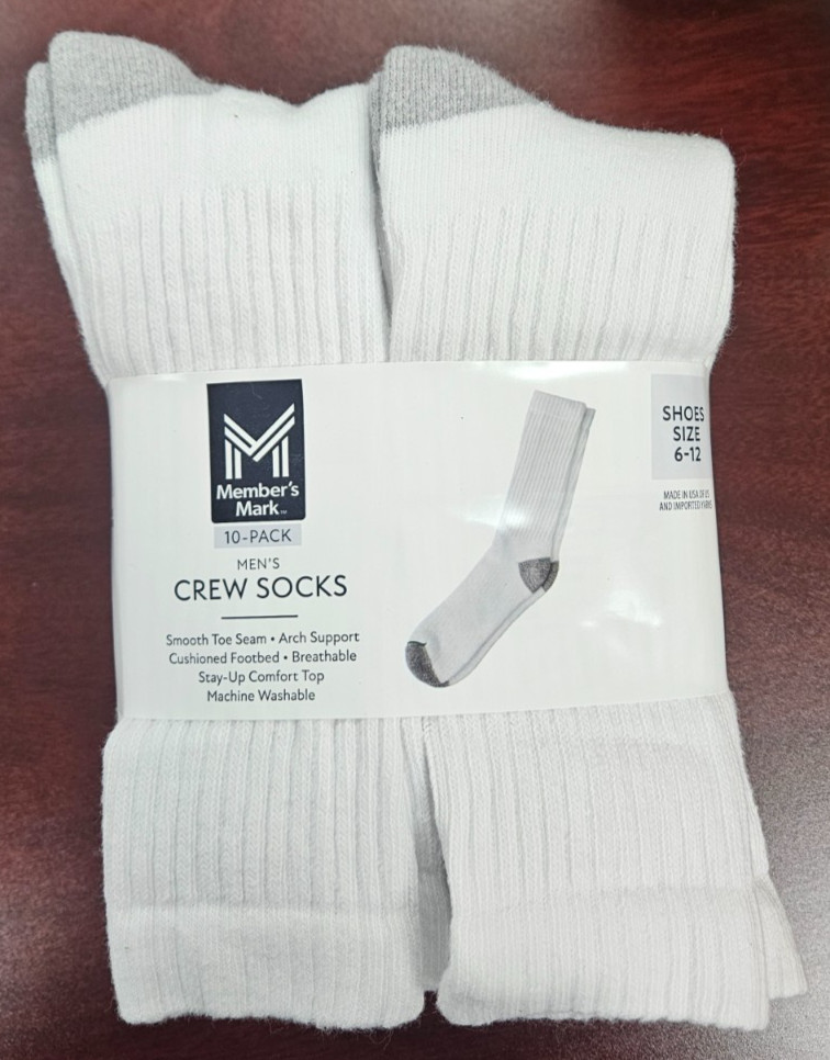 Member's Mark Men Crew Socks 10 Pair 79% Cotton Sizes 6-12 WHITE MADE IN USA NEW