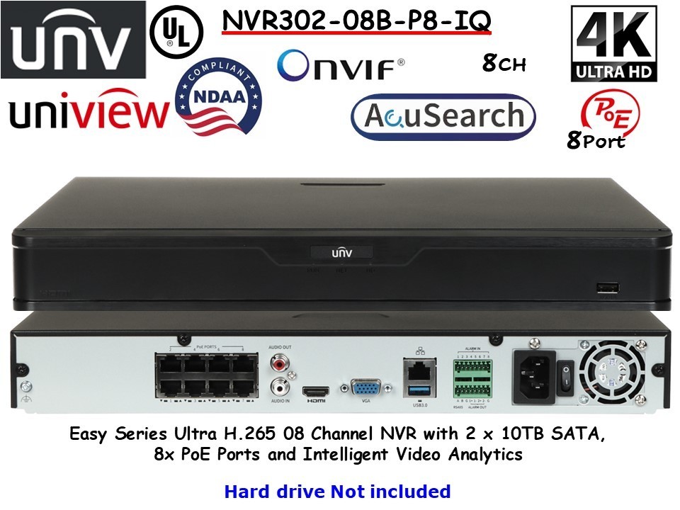 UNV Uniview NVR302-08B-P8-IQ Easy Series Ultra H.265 08CH NVR 8x PoE ONVIF IA