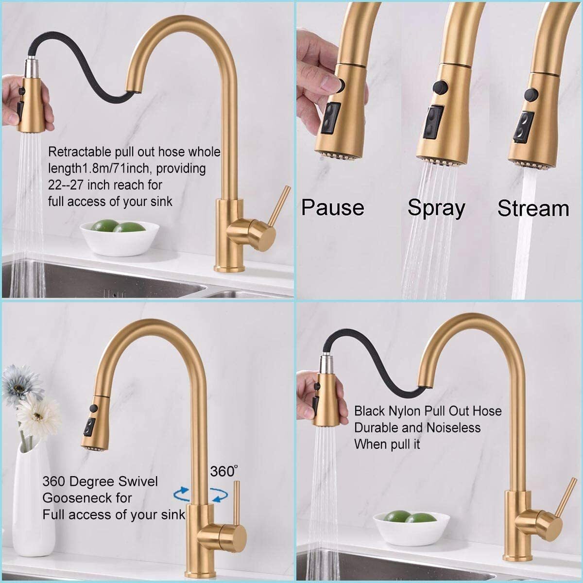 Kitchen Sink Faucet Brushed Gold Pull Down Sprayer Single Handle Mixer w/Cover