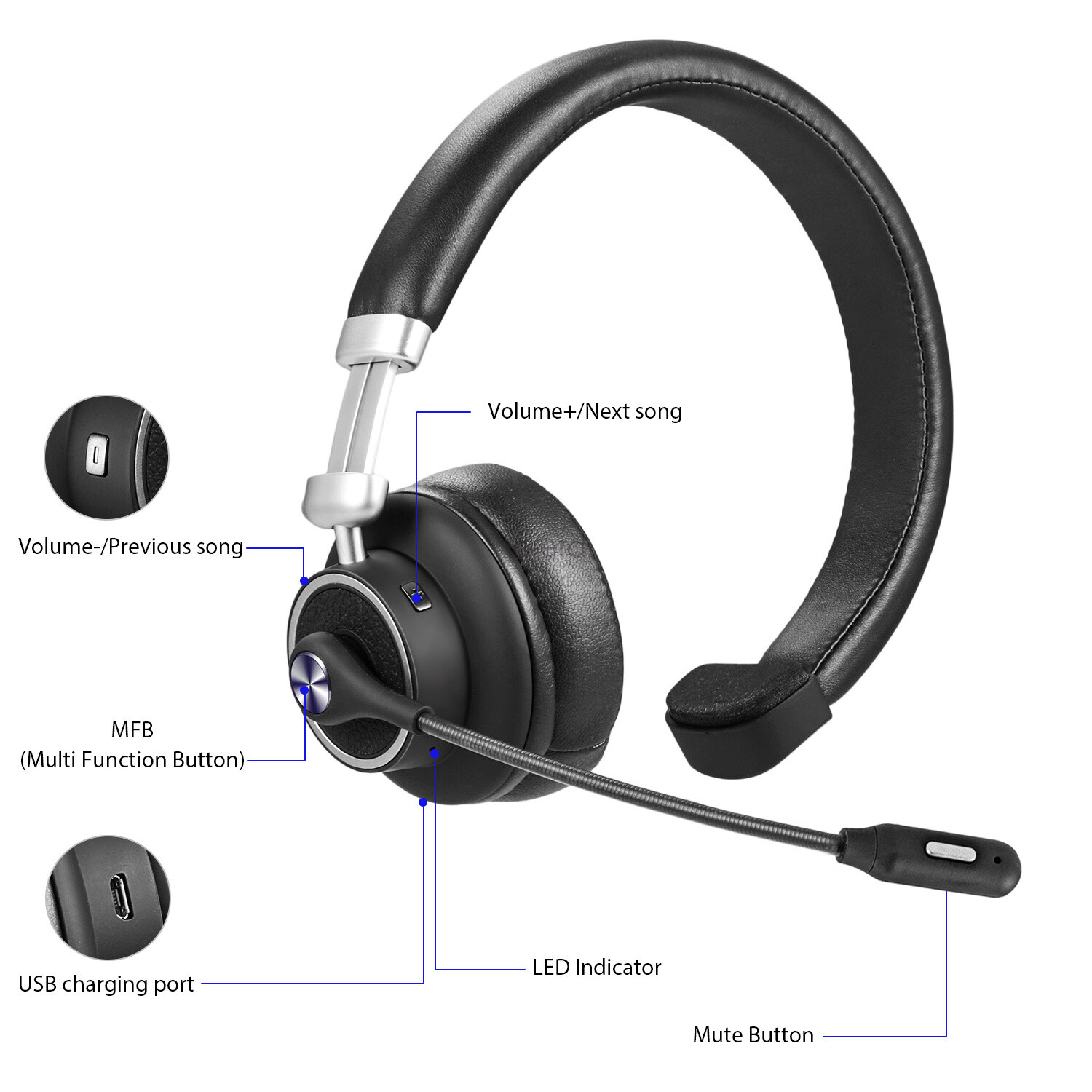 Truker Bluetooth Headset with Microphone Mute Button for Office Home Business
