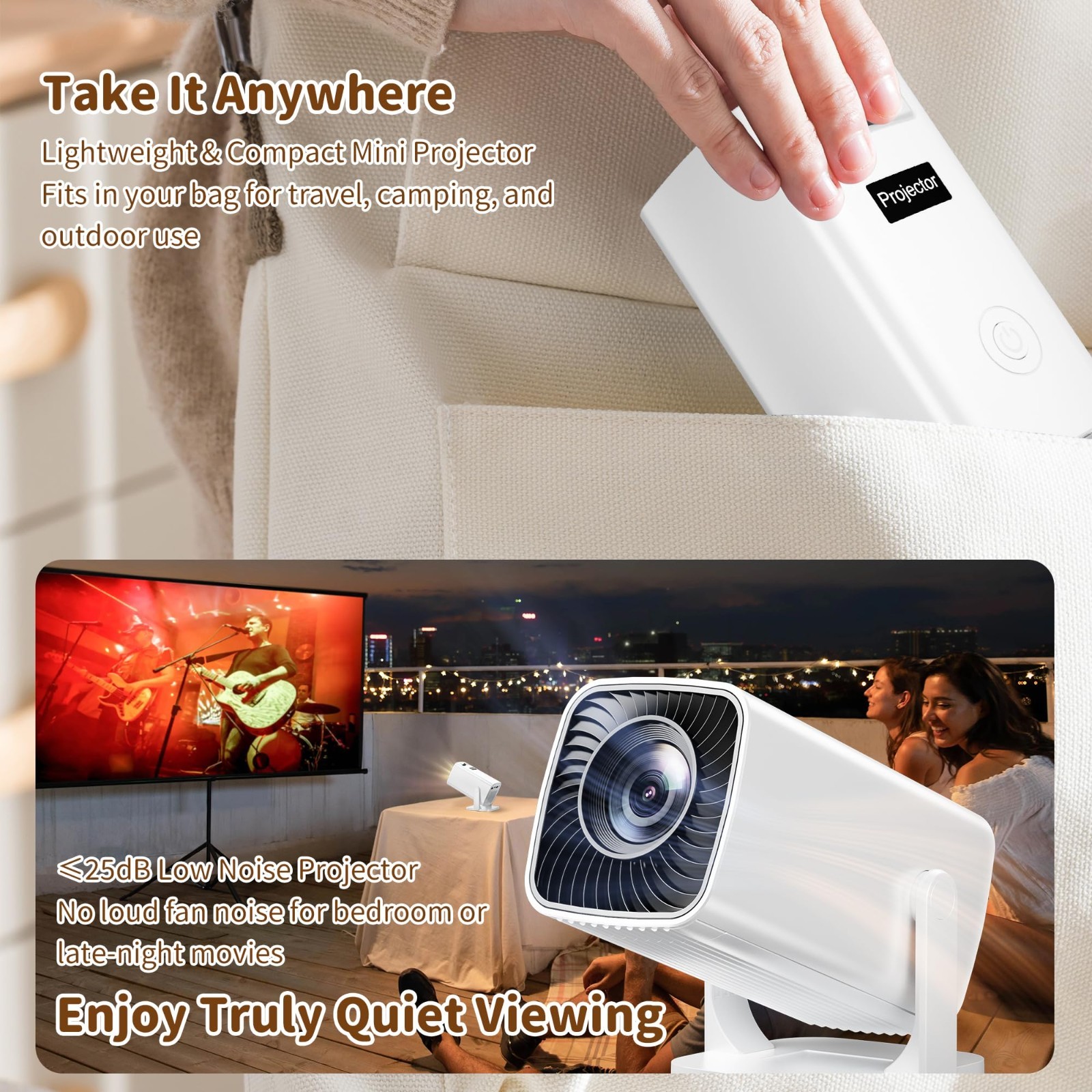 4K Mini Projector - Portable, Electric Focus, Keystone, Rotatable Stand, Short T