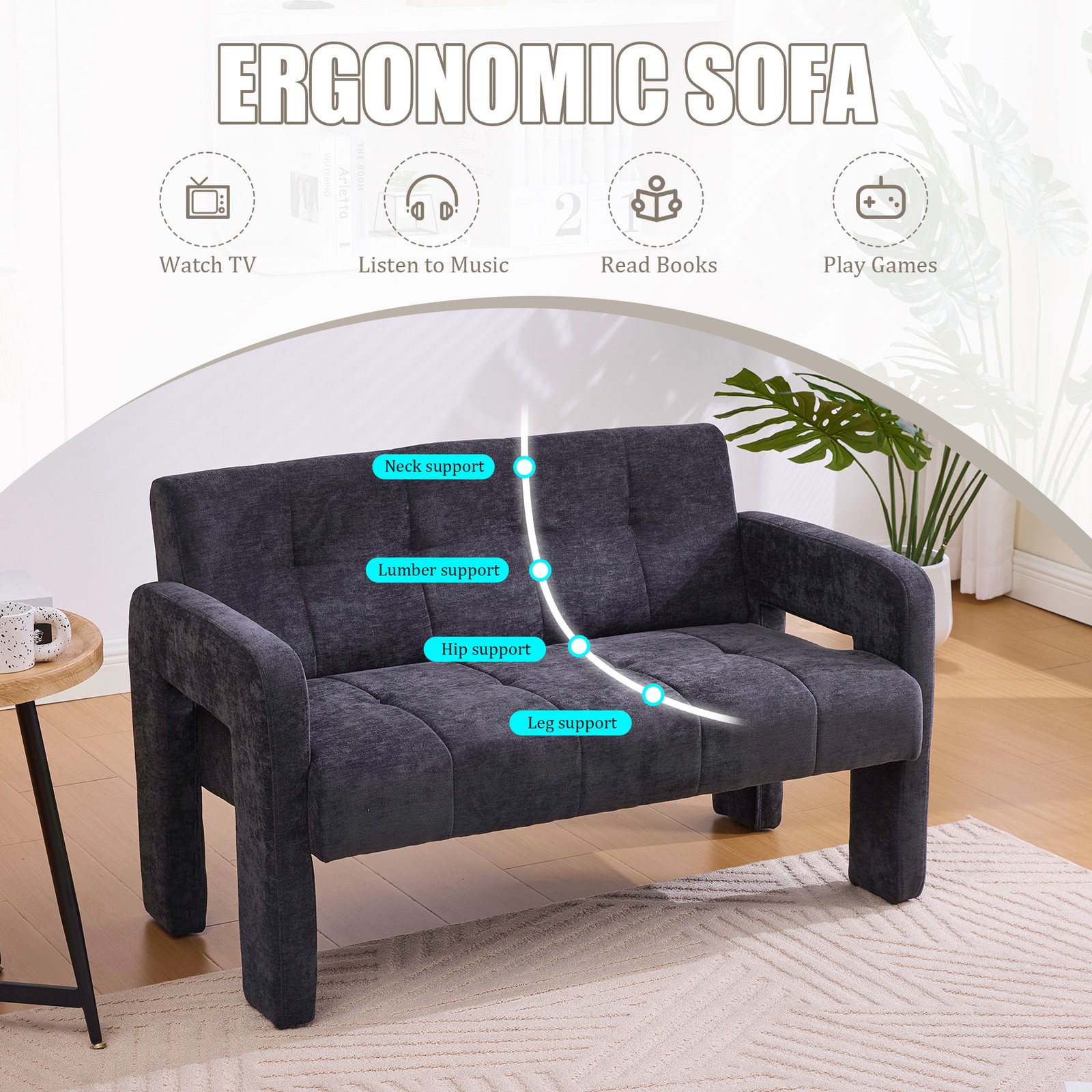 Nordic Modern Double Armchair Loveseat Sofa Chenille Black