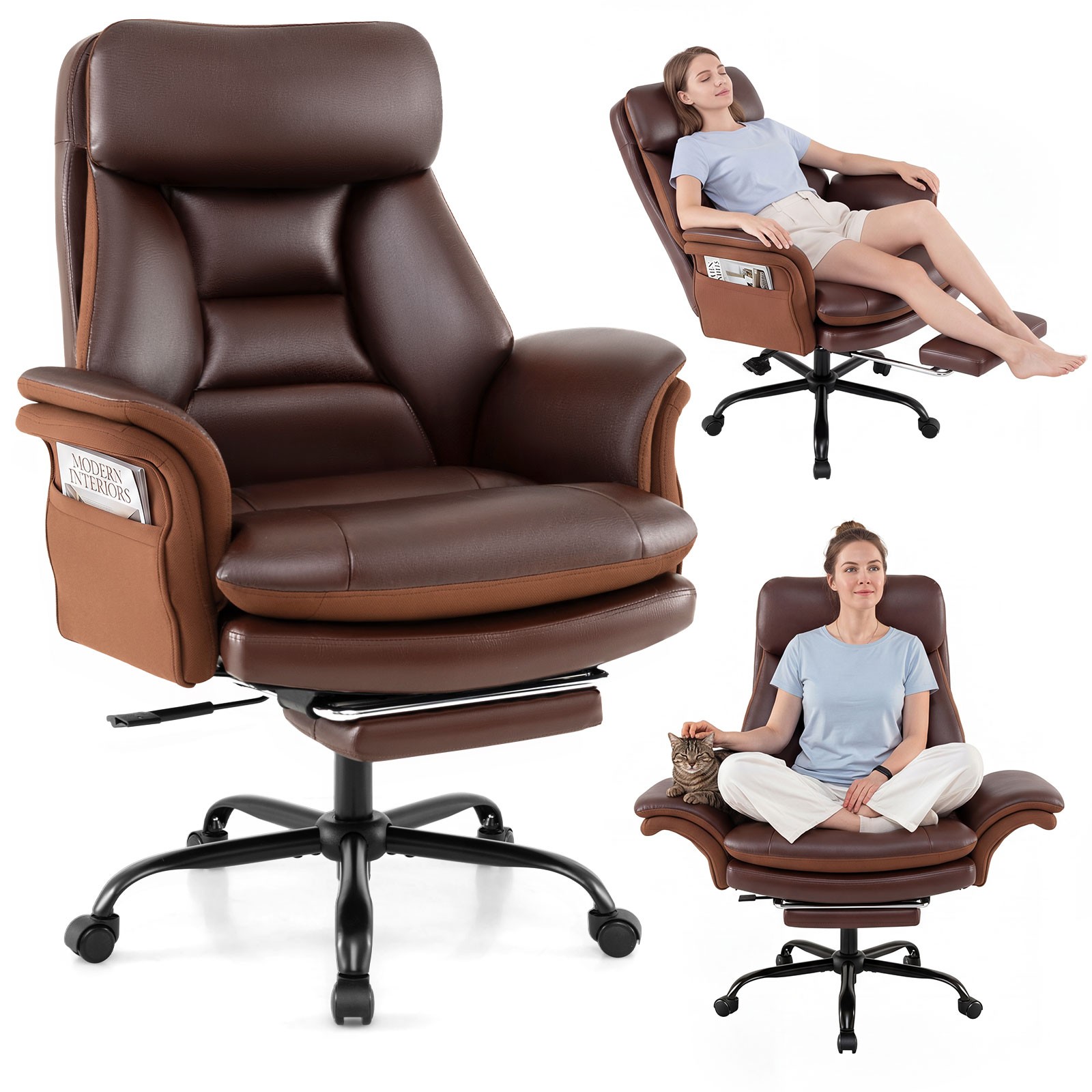 Big & Tall Office Chair w/Adjustable Backrest Armrests Storage Pockets Footrest