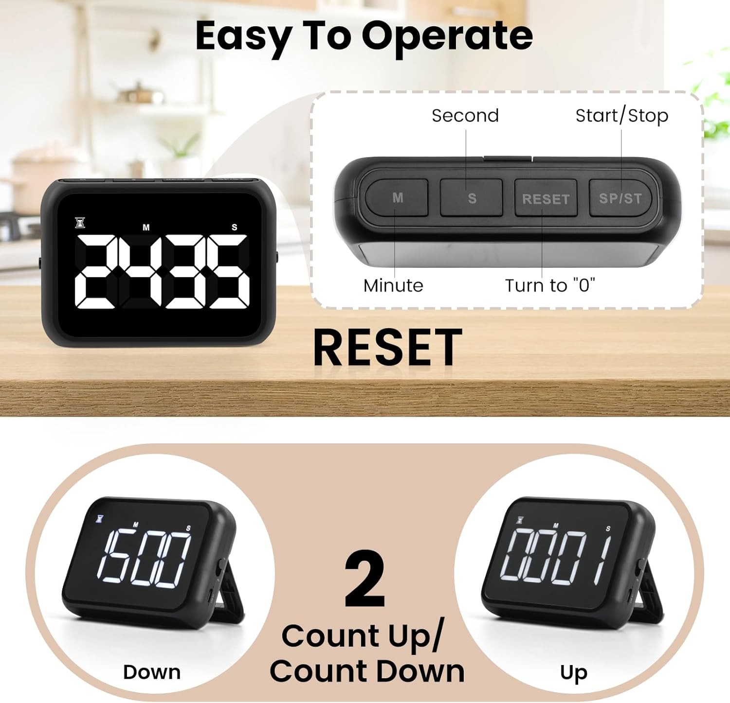 USB Rechargeable Loud Digital Kitchen Timer with Large LCD Display & Loud Alarm