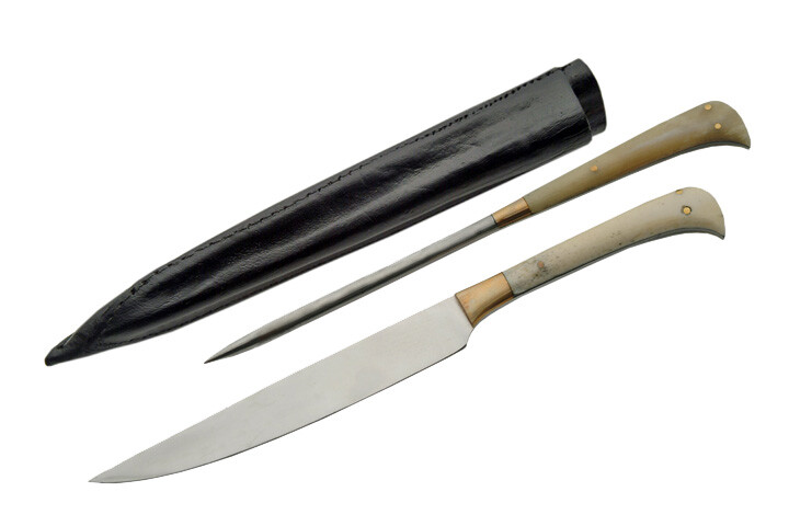 NEW! 2 Piece Medieval Scottish Steak Knife Set w/ Bone Handles & Leather Sheath