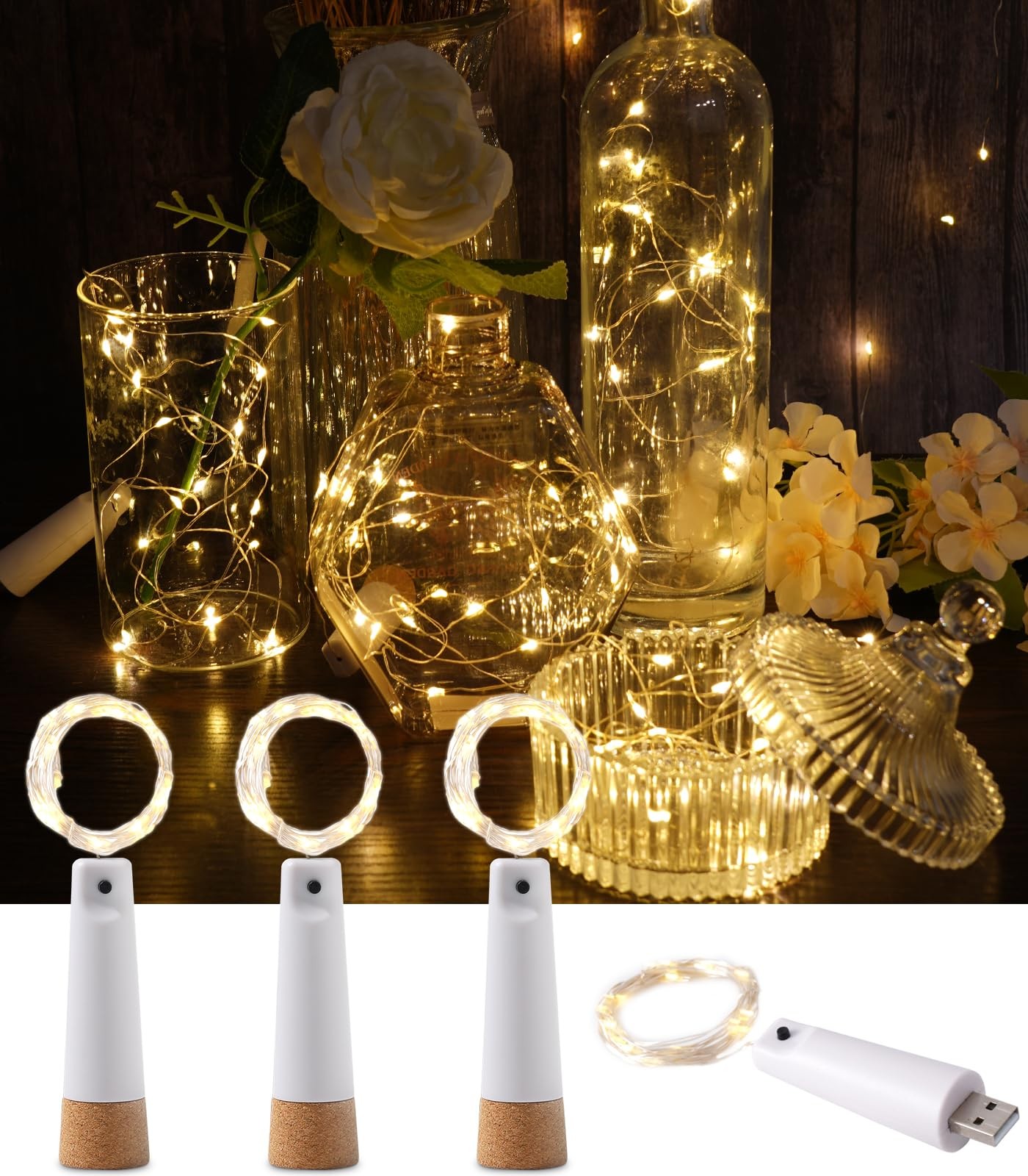 Wine Bottle Lights with Cork, 4 Pack USB Rechargeable Cork Lights for Wine Bo...