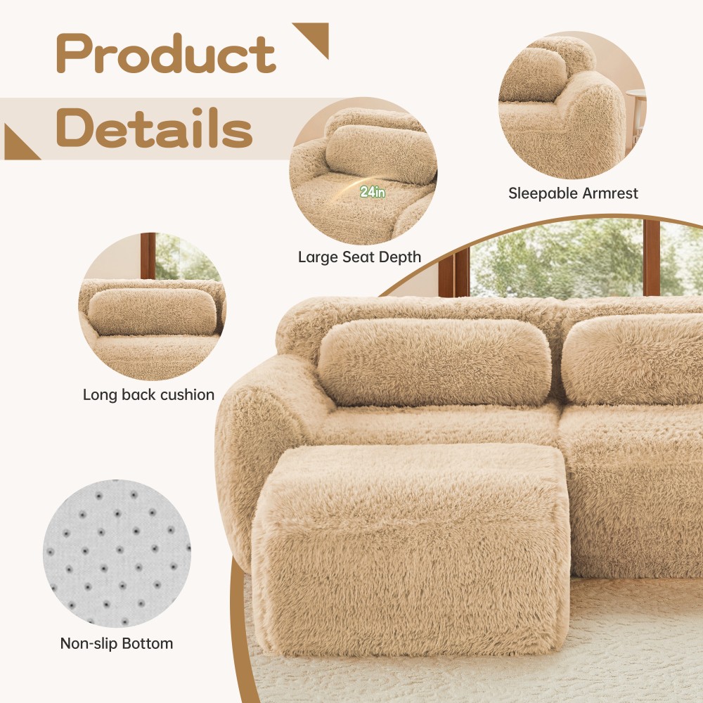 114'' Modular Sectional Sofa w/ Ottoman & Pillows, Plush Fabric, Light Khaki