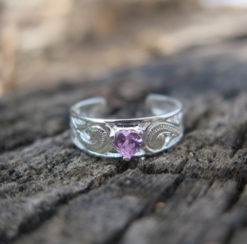 Hawaiian Design Sterling 925K Silver Heart Pink CZ Gem Scrolling Toe Ring TR1142
