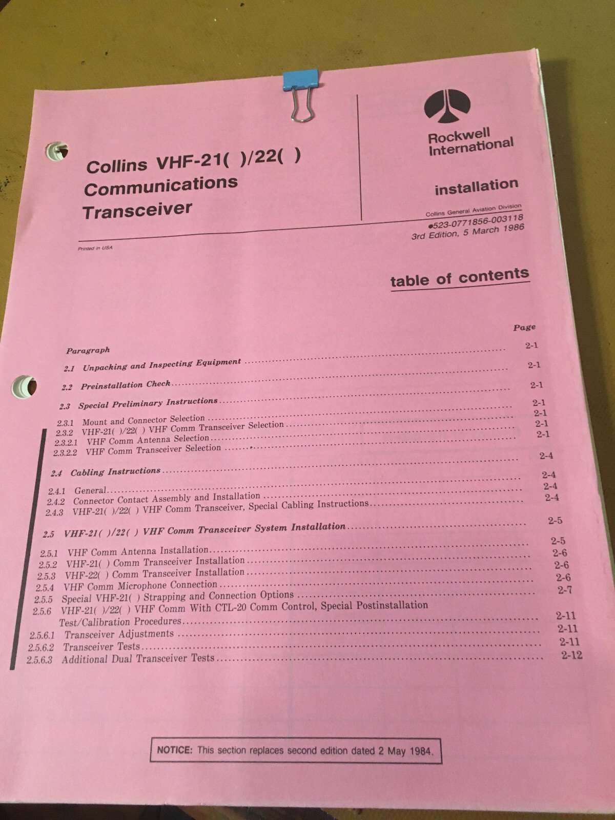 Collins VHF-21, VHF-22 Comm Install manual