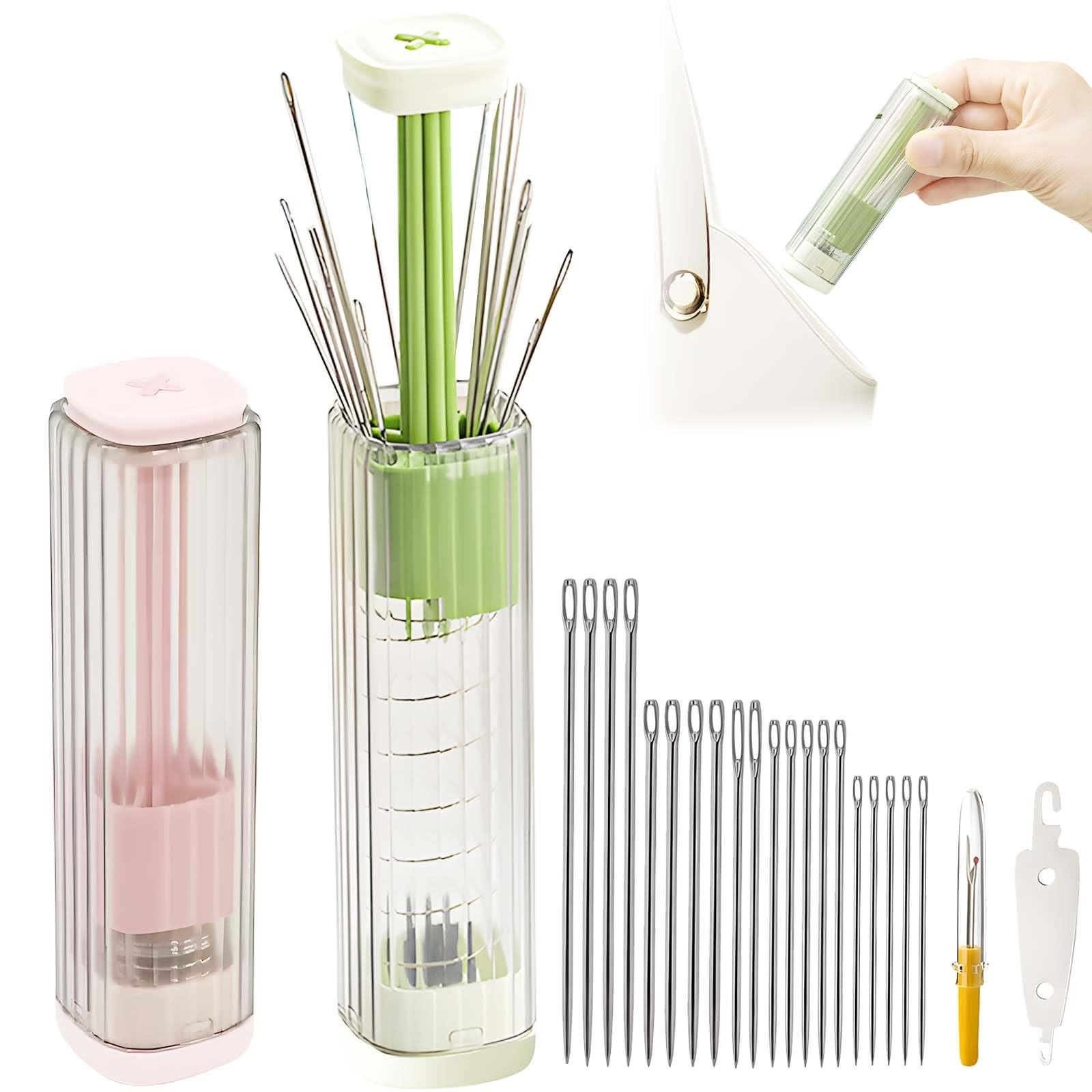 2-Piece Magnetic Needle Case with Pop-Up Design | Quick Sewing Kit Green,Pink