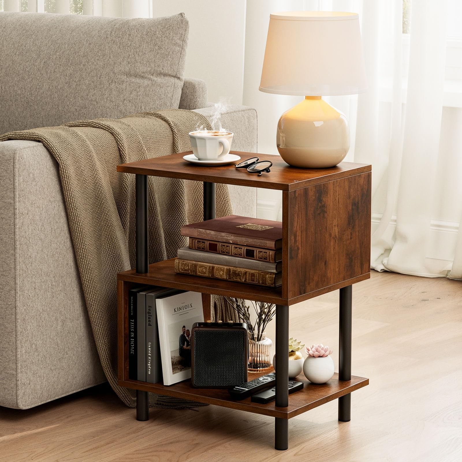 Frylr Small Side Table, End Table and Nightstand with 1-Pack, Rustic Brown
