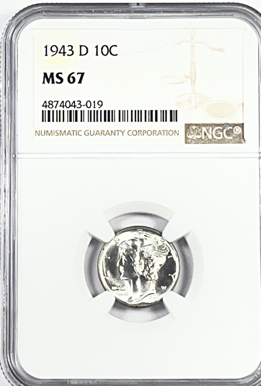 1943-D Mercury Dime : NGC MS67 Blazing White