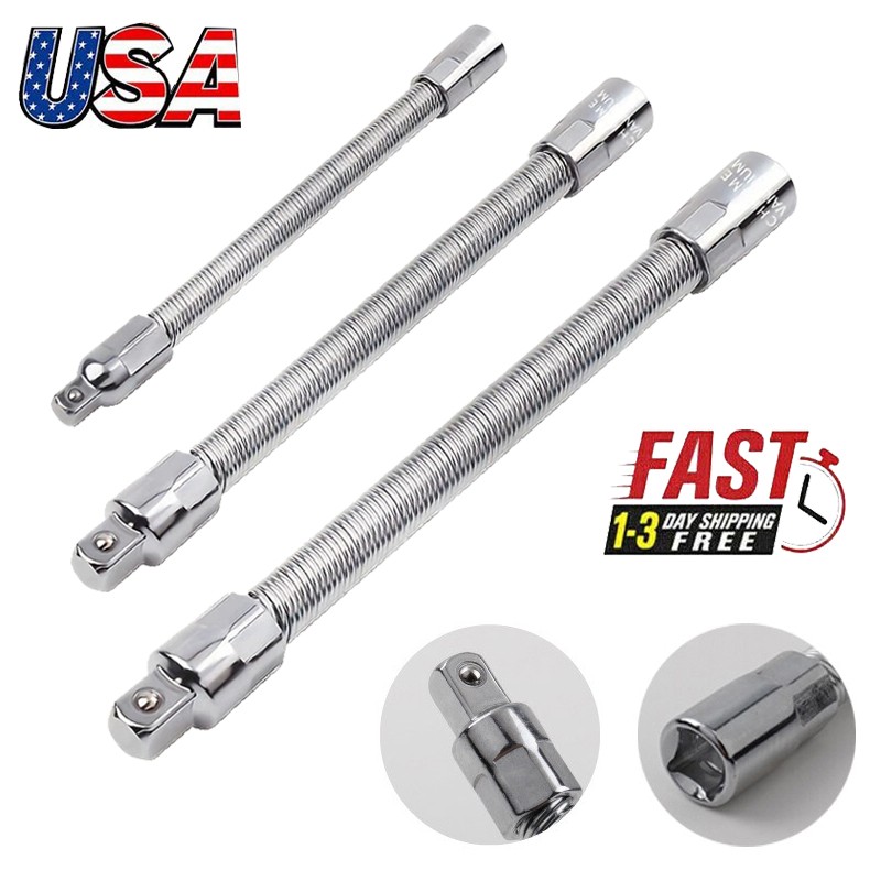 3-Piece Flexible Socket Extension Bar Set 1/2" 1/4" 3/8" Shaft Drive 10" 8" 6"