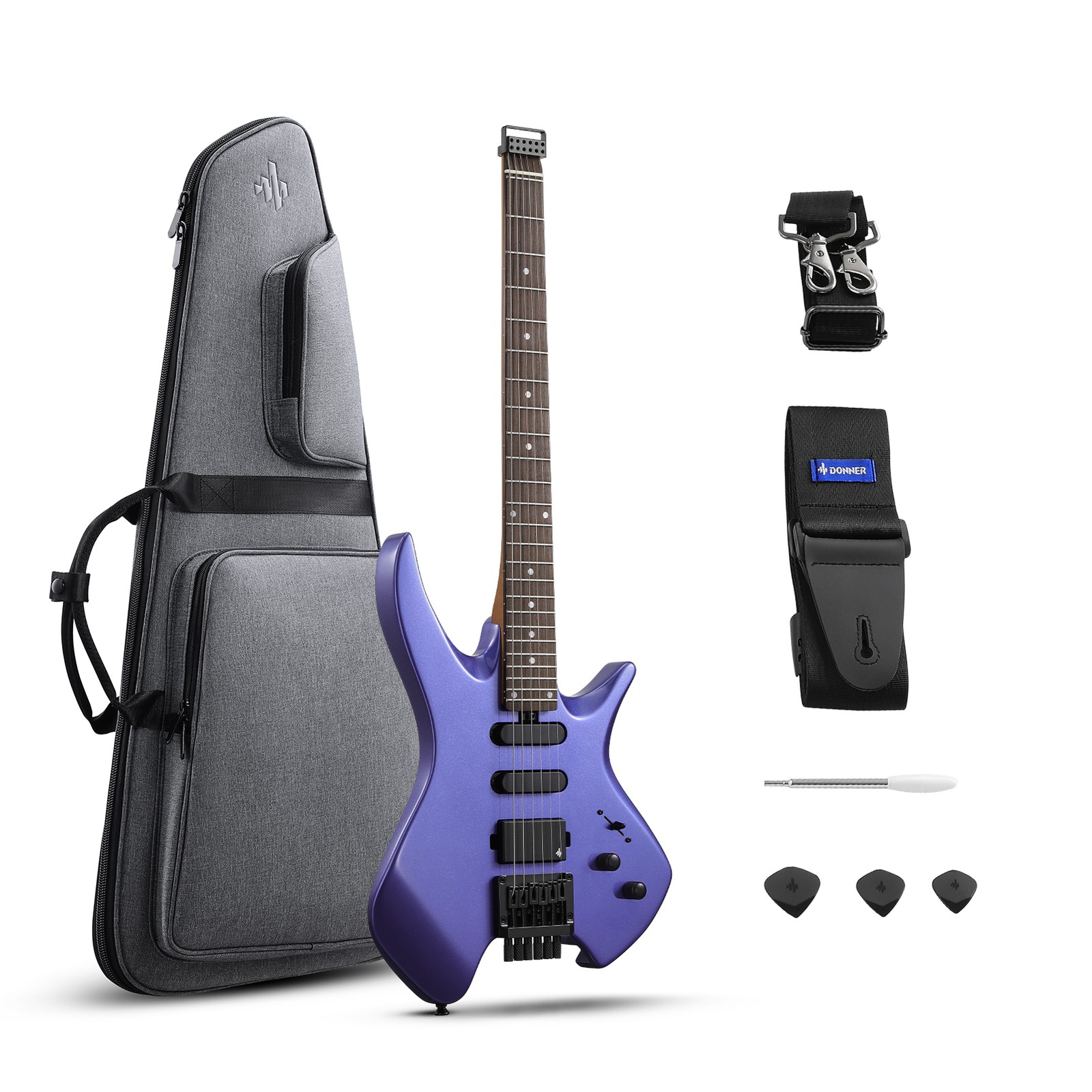 Donner HLX-500 Headless Guitar - HSS Solid Body Electric Guitar for Gig Purple