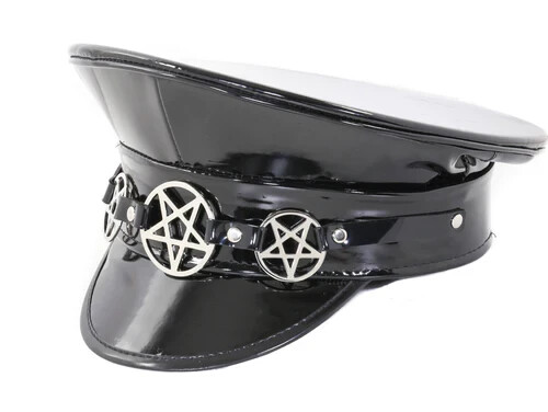 Black Patent Leather Captain Hat 3 Pentagram Costume Cosplay Goth Club Festival