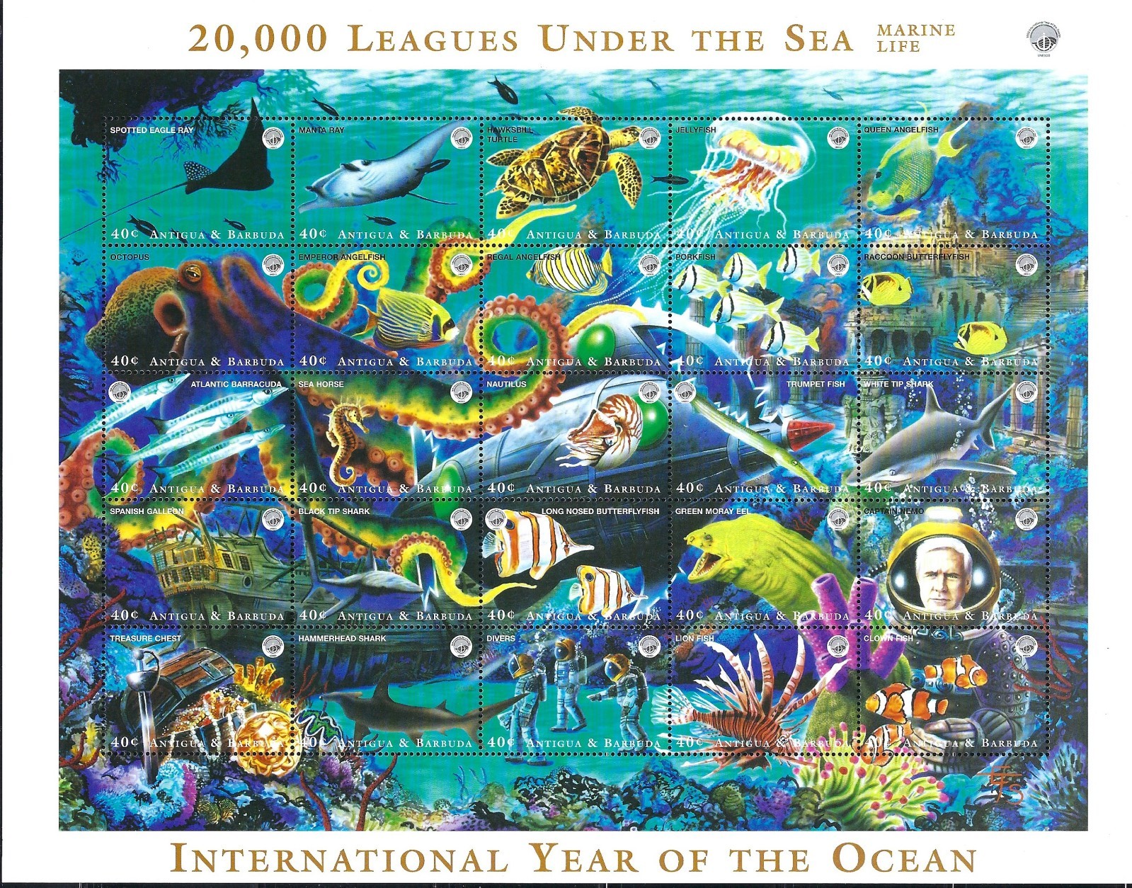 ANTIGUA #2162 MINT, NH MARINE LIFE SHEET
