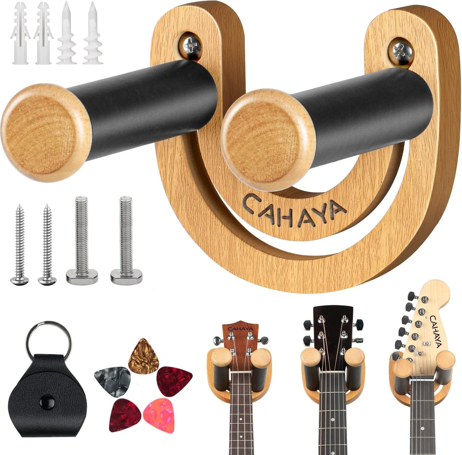 Guitar Wall Mount Hanger Adjustable U-Shaped Hook with 5 Picks and 1 Pick Bag...