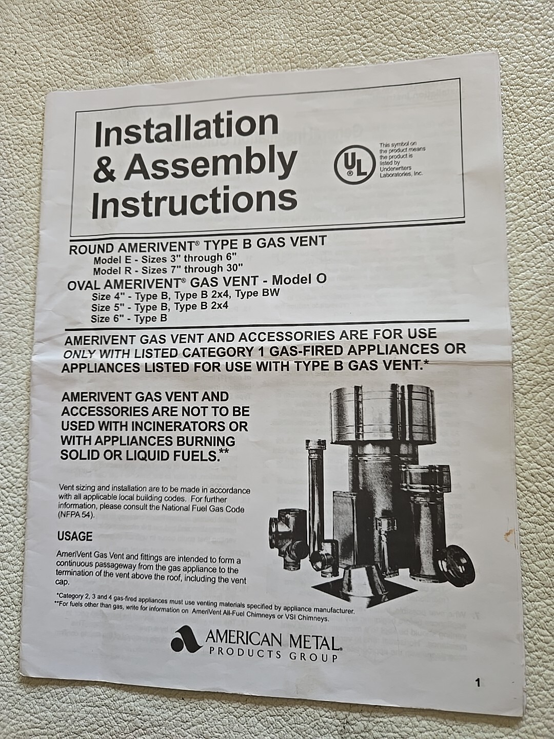 2008 American Metal AmeriVent Gas Vent Installation & Assembly Instructions