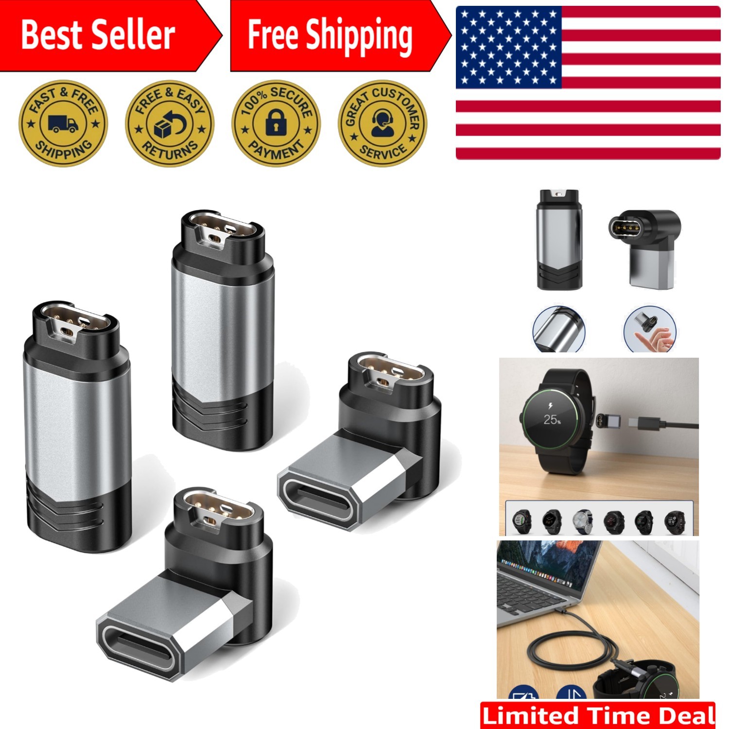 Versatile USB C Charger Adapter Set for Garmin Fenix 8, Forerunner, Venu Series