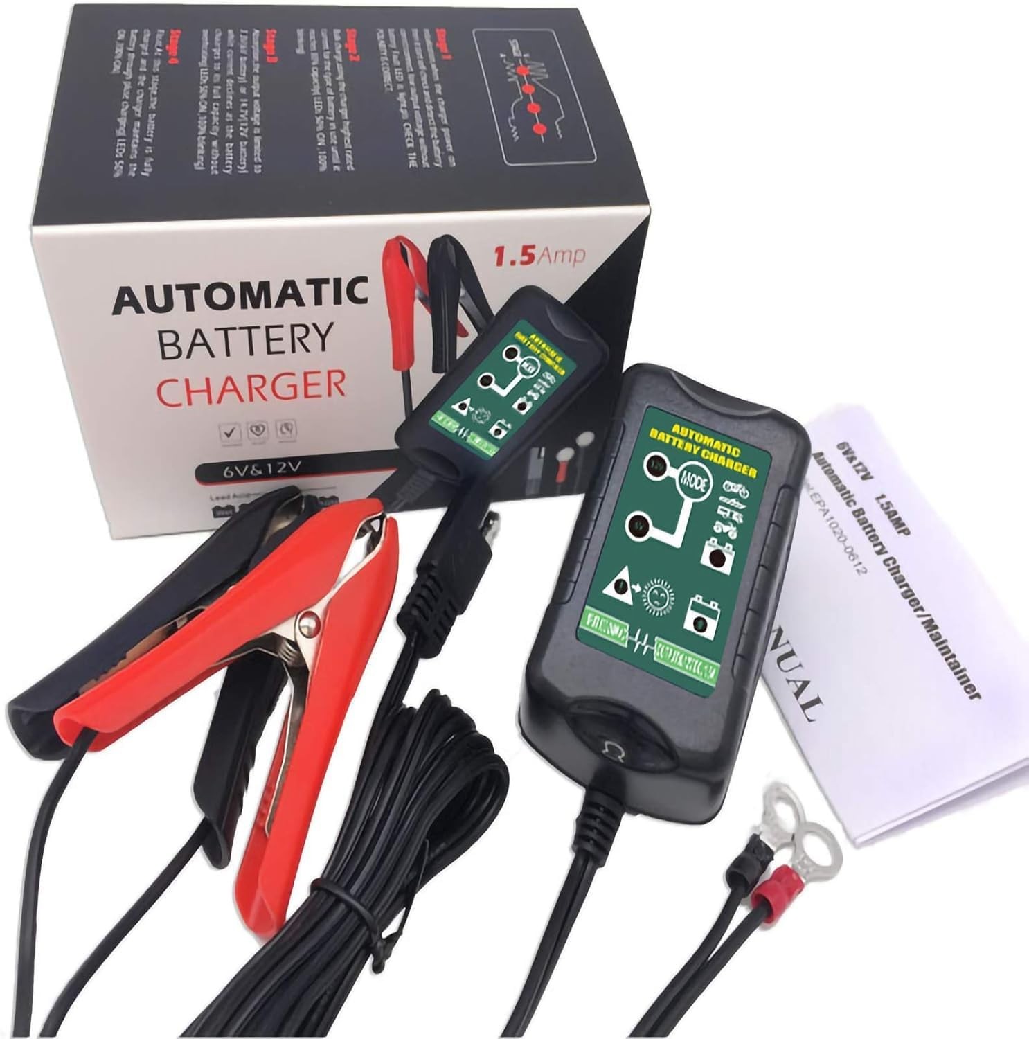 12V / 6V Battery Trickle Charger Maintainer, 1.5A Automatic Smart Float Black