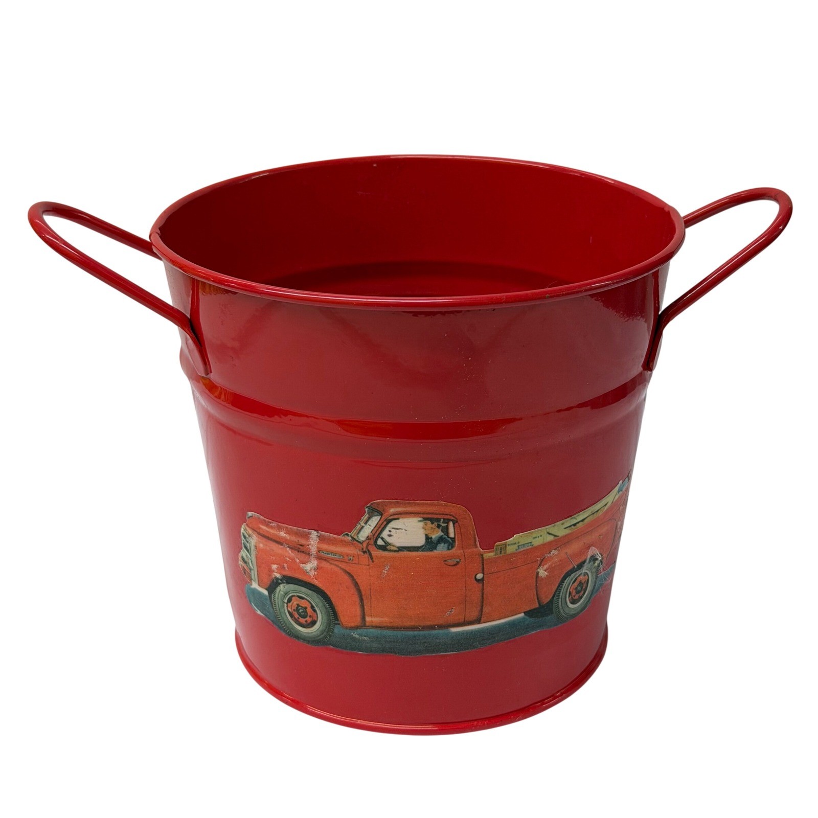 Red Metal Bucket with Vintage Pickup Truck Graphic and Handles