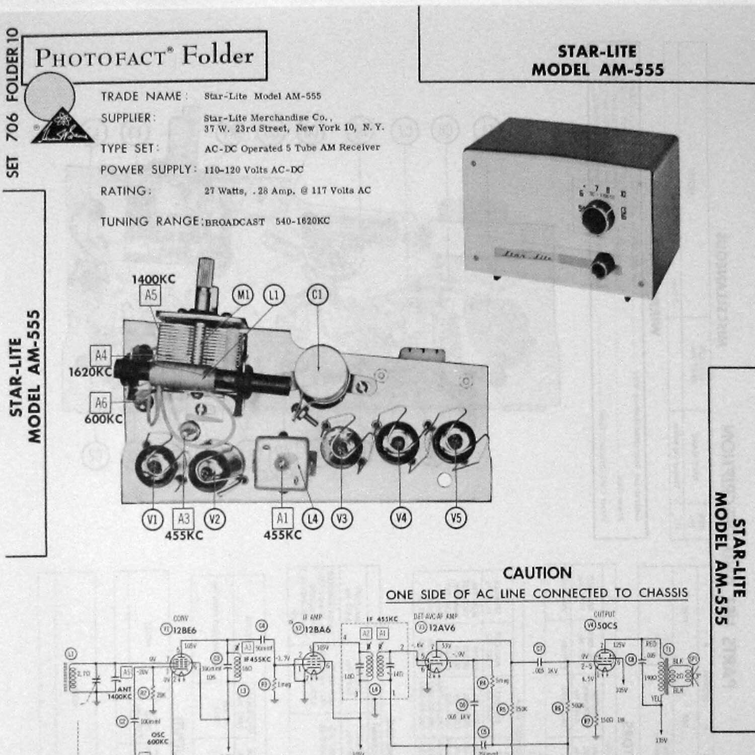 Star Lite Model AM-555 Five Tube AM Receiver - SAMS Photofact ™ 1964 - New