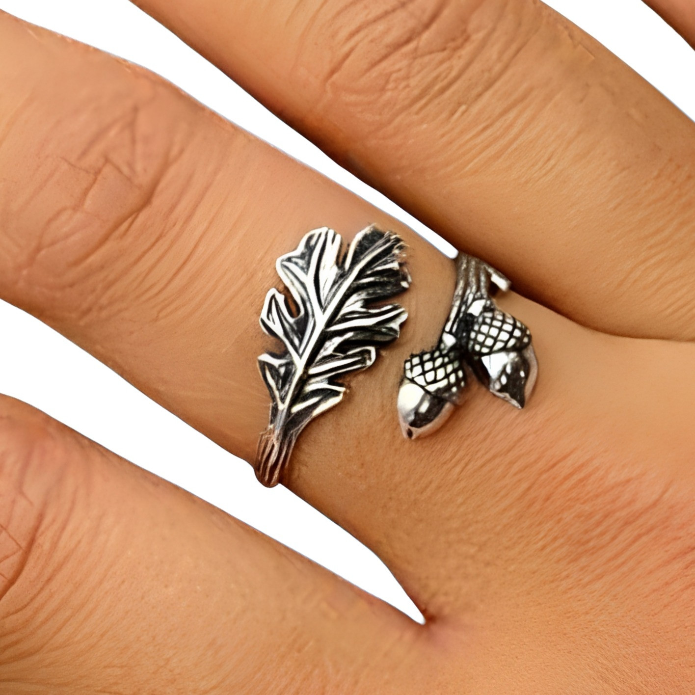 Oak Leaf Acorn Ring 925 Sterling Silver Adjustable Bohemian Ethnic Unisex & Box
