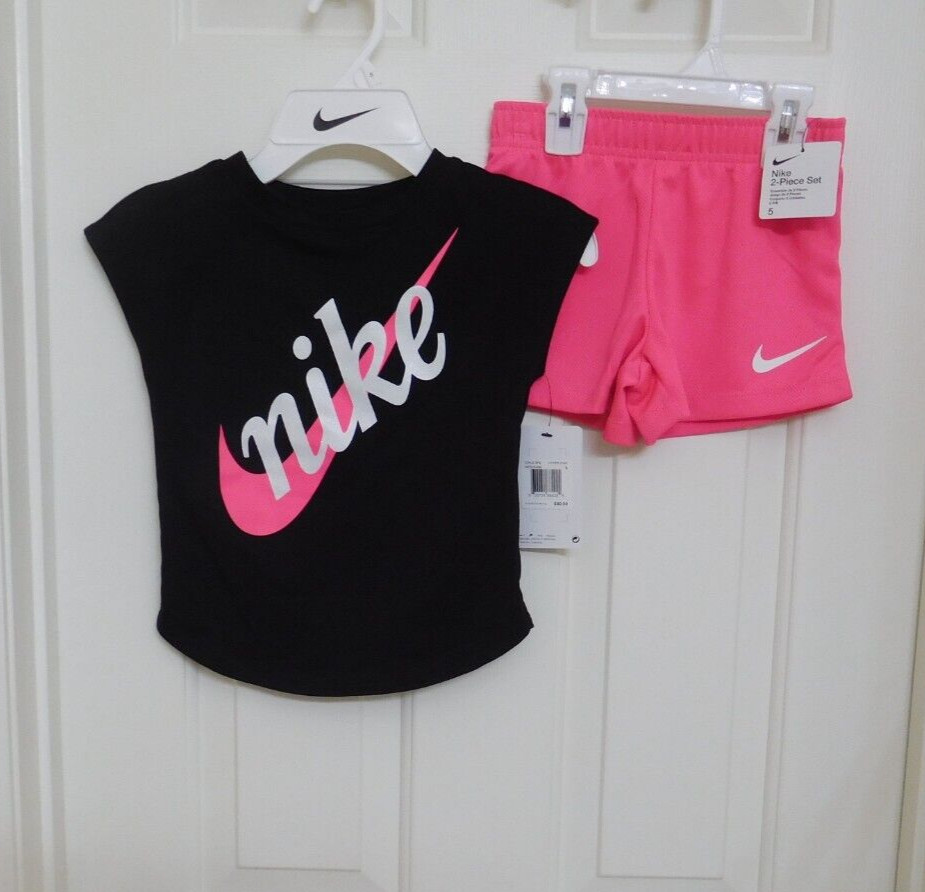 NWT 2pc Nike Black Bright Pink Logo Top & Shorts Set sz 2t 3t 5 6 or 6X