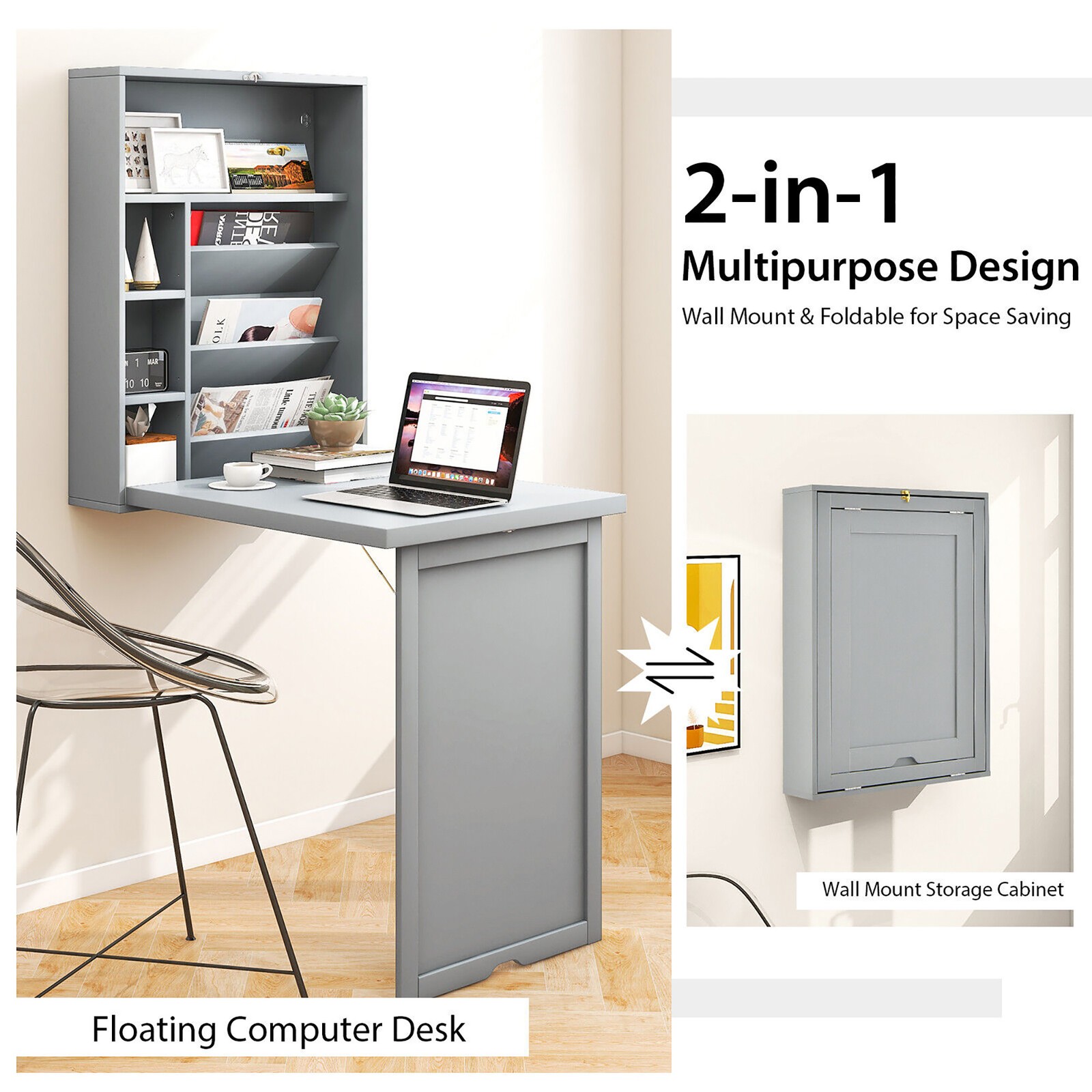 Wall Mounted Computer Convertible Desk Floating Desk w/ Storage Bookcases Grey